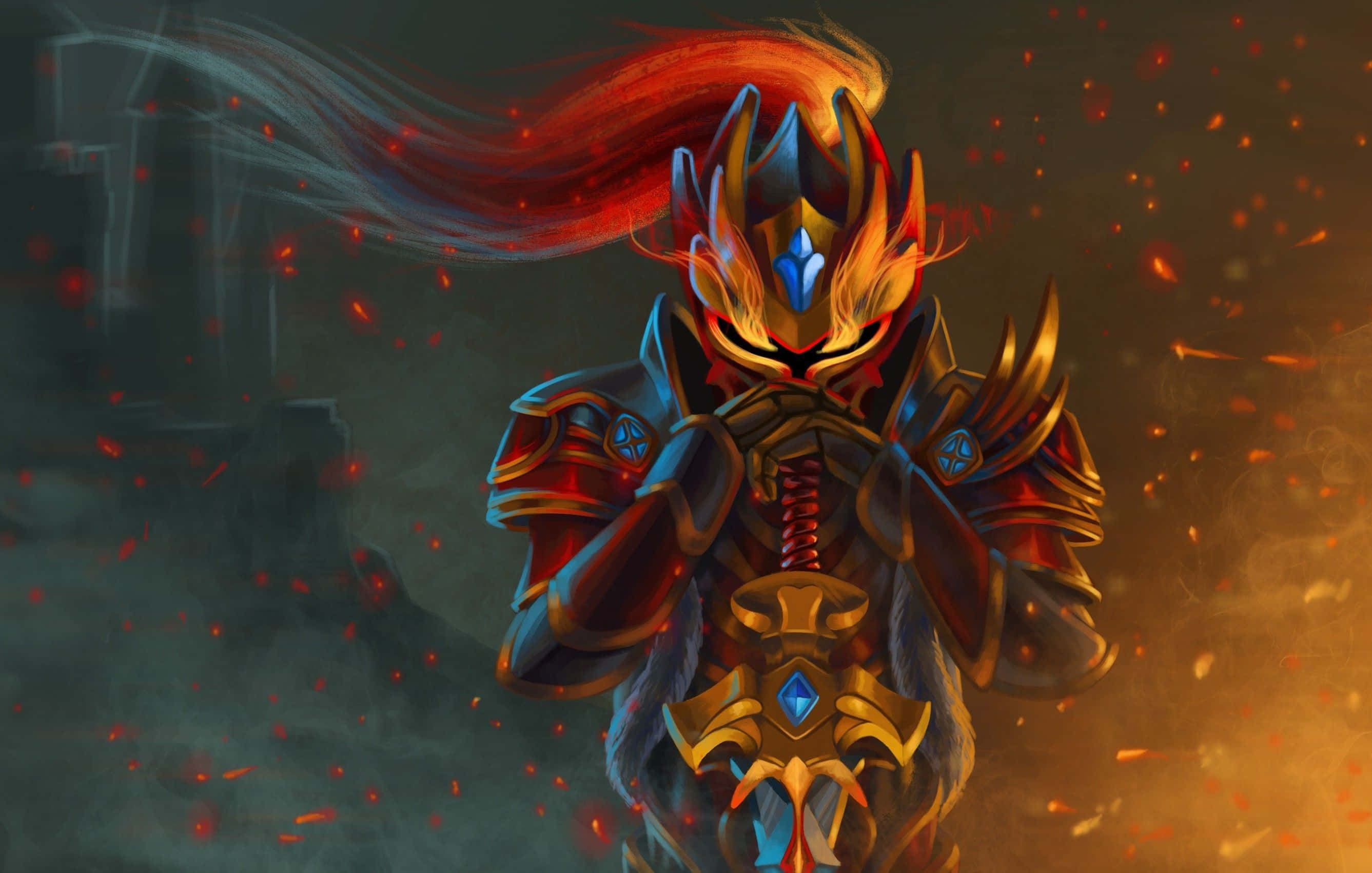 Shadow Fiend, fiery masked warrior, ornate armor, 2K Desktop Wallpaper