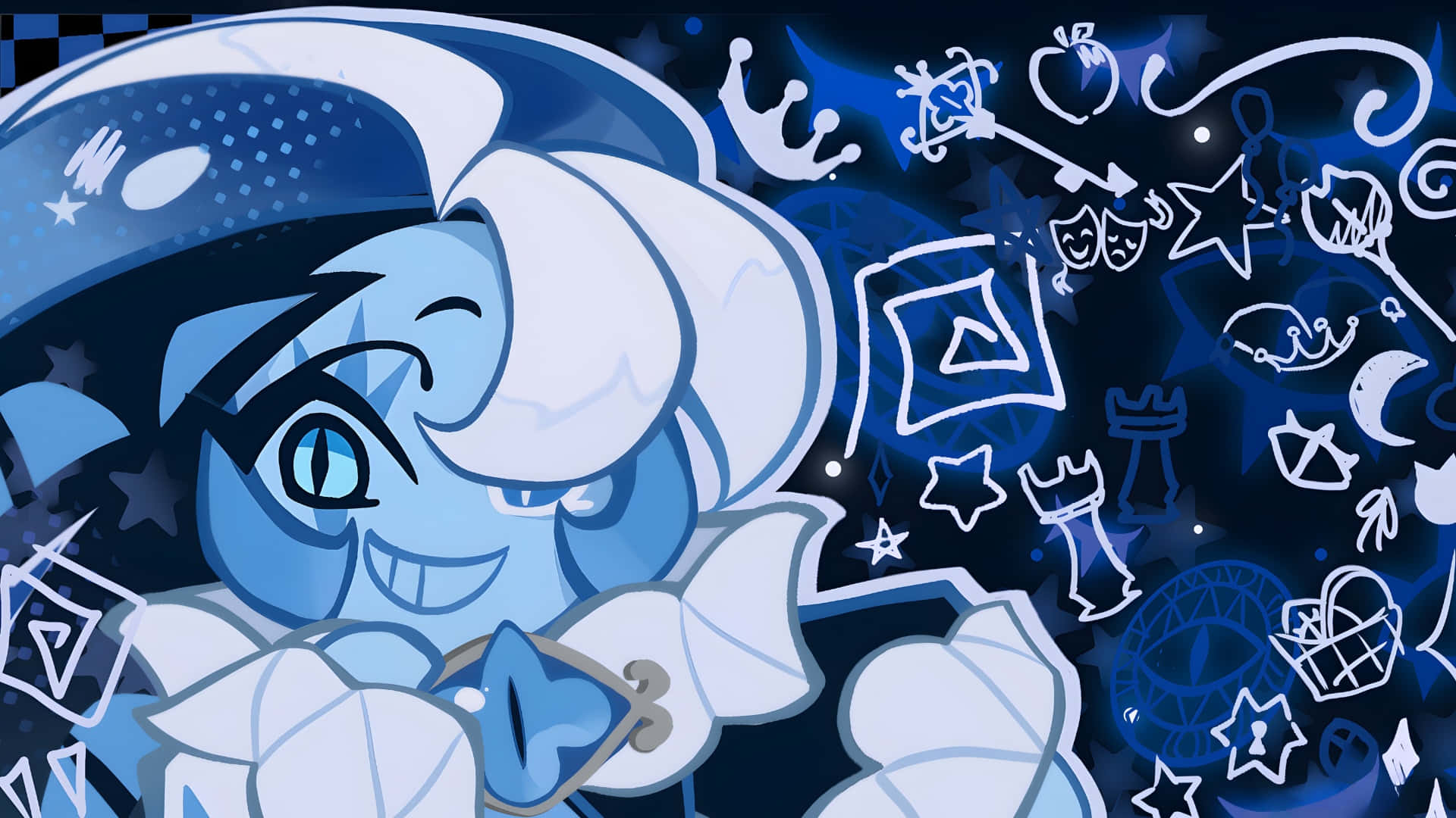 Shadow Milk Cookie, blue cartoon character, white hair, Full HD Desktop Wallpaper