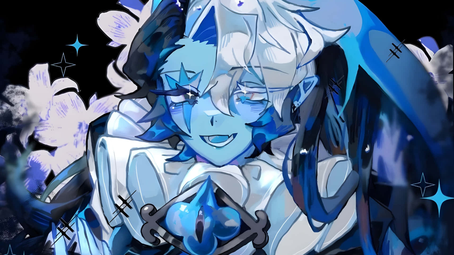 Shadow Milk Cookie, blue crystalline, white hair, Full HD Desktop Wallpaper