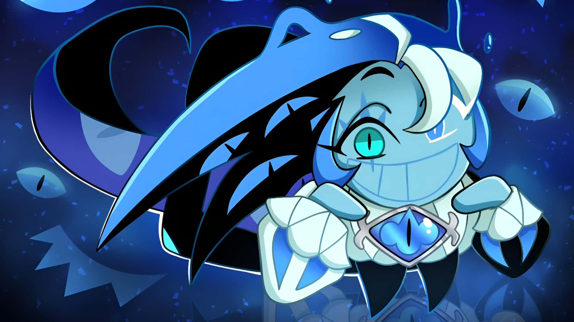 Shadow Milk Cookie, blue and white cartoon character, glowing eyes, Full HD Desktop Wallpaper