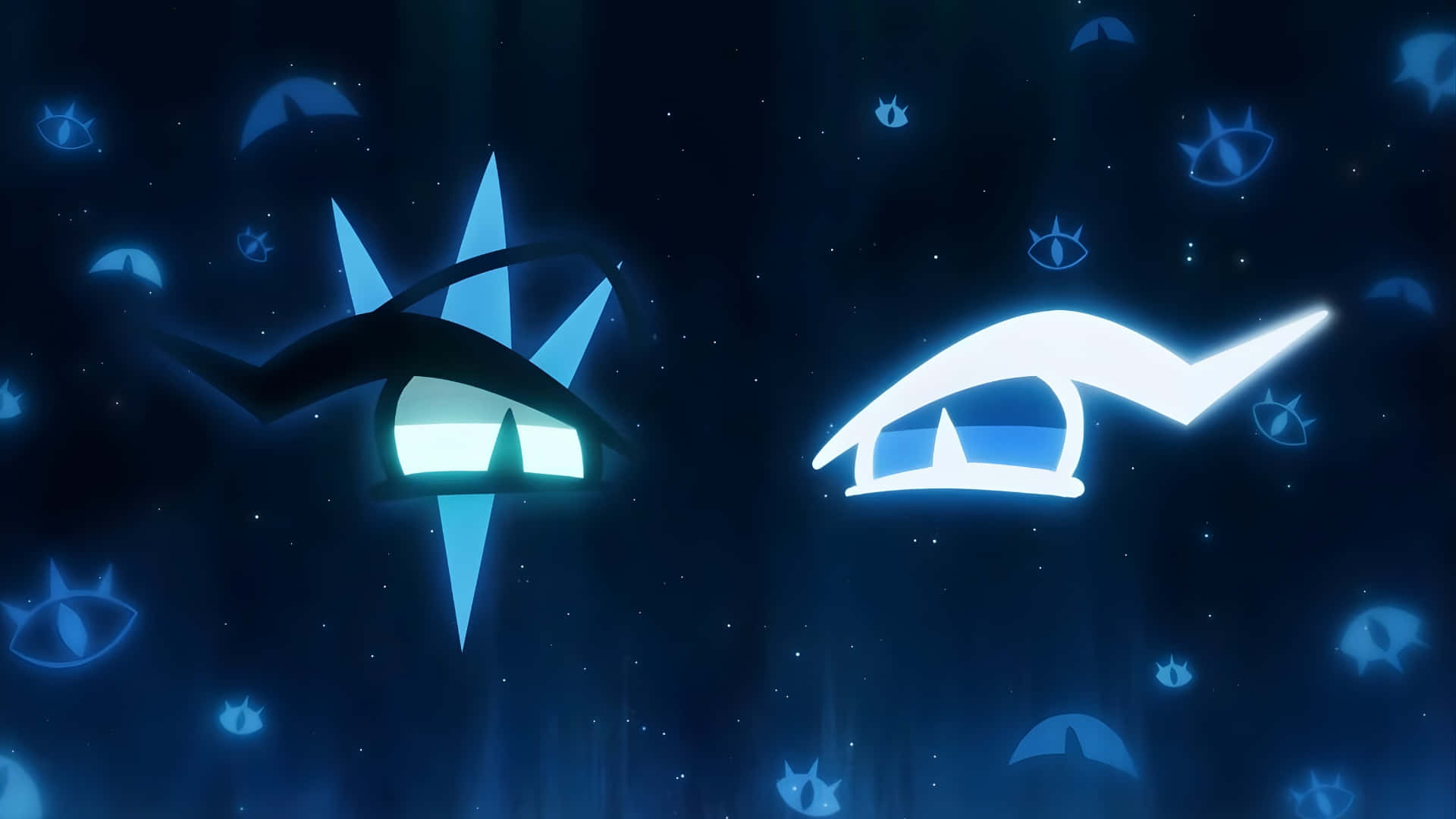 Shadow Milk Cookie, glowing stylized eyes, dark blue starry void, Full HD Desktop Wallpaper