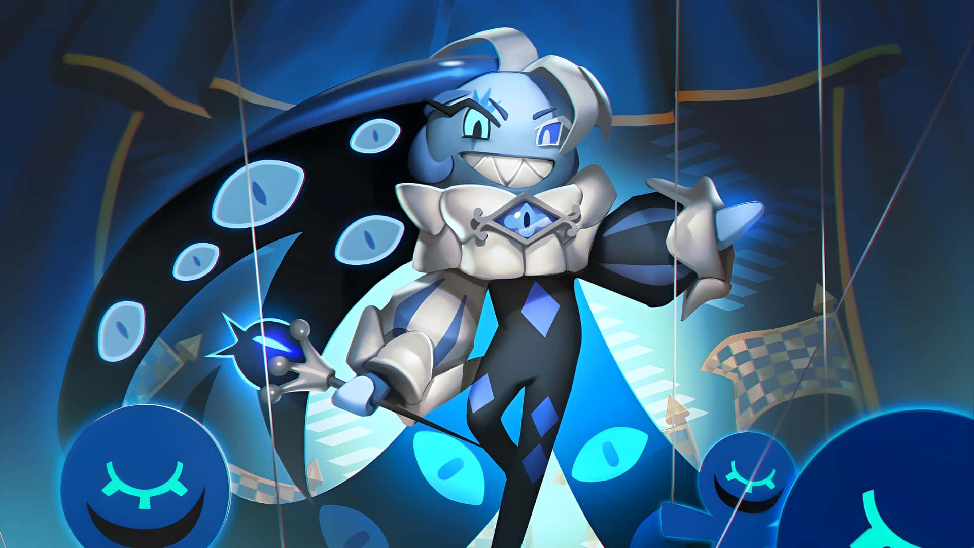 Shadow Milk Cookie, blue and white armored character, glowing eyes, Full HD Desktop Wallpaper