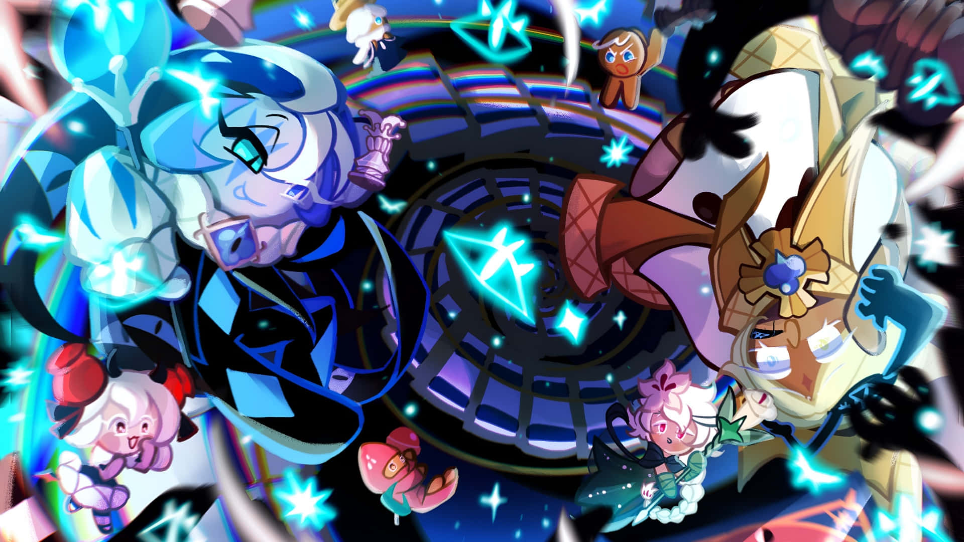 Shadow Milk Cookie, glowing blue crystals, circular portal, Full HD Desktop Wallpaper