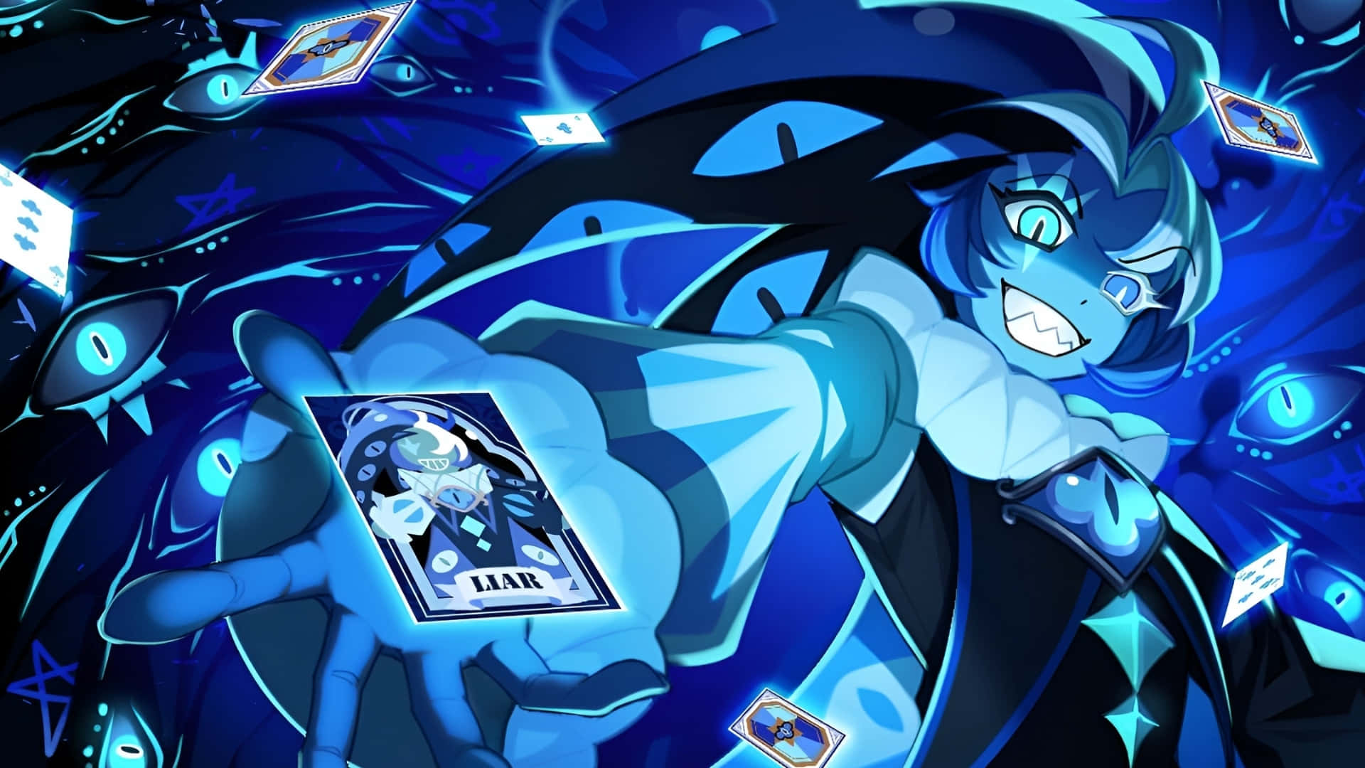 Shadow Milk Cookie, blue-haired anime character, glowing eyes, Full HD Desktop Wallpaper