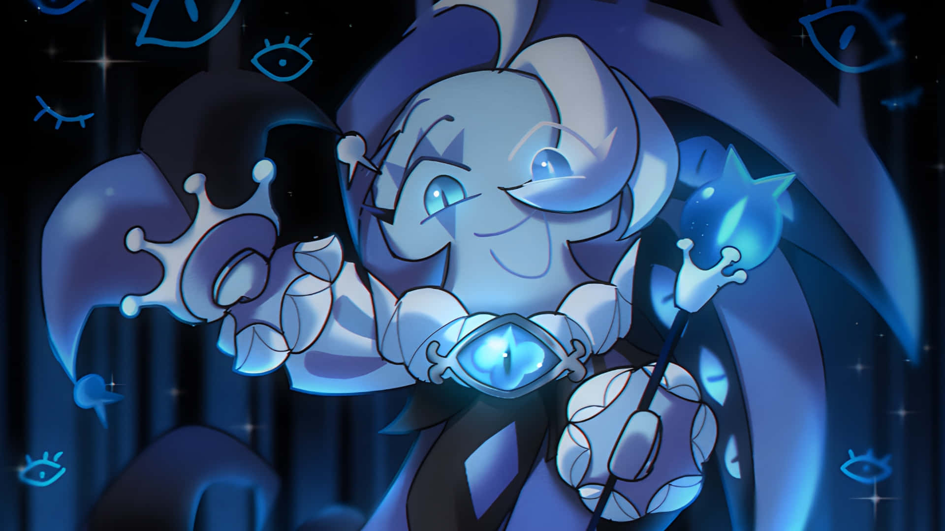 Shadow Milk Cookie, blue cartoon character, glowing eyes, Full HD Desktop Wallpaper