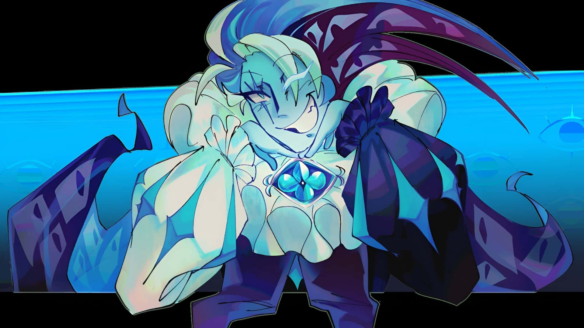 Shadow Milk Cookie, blue and purple crystalline armor, flowing hair, Full HD Desktop Wallpaper