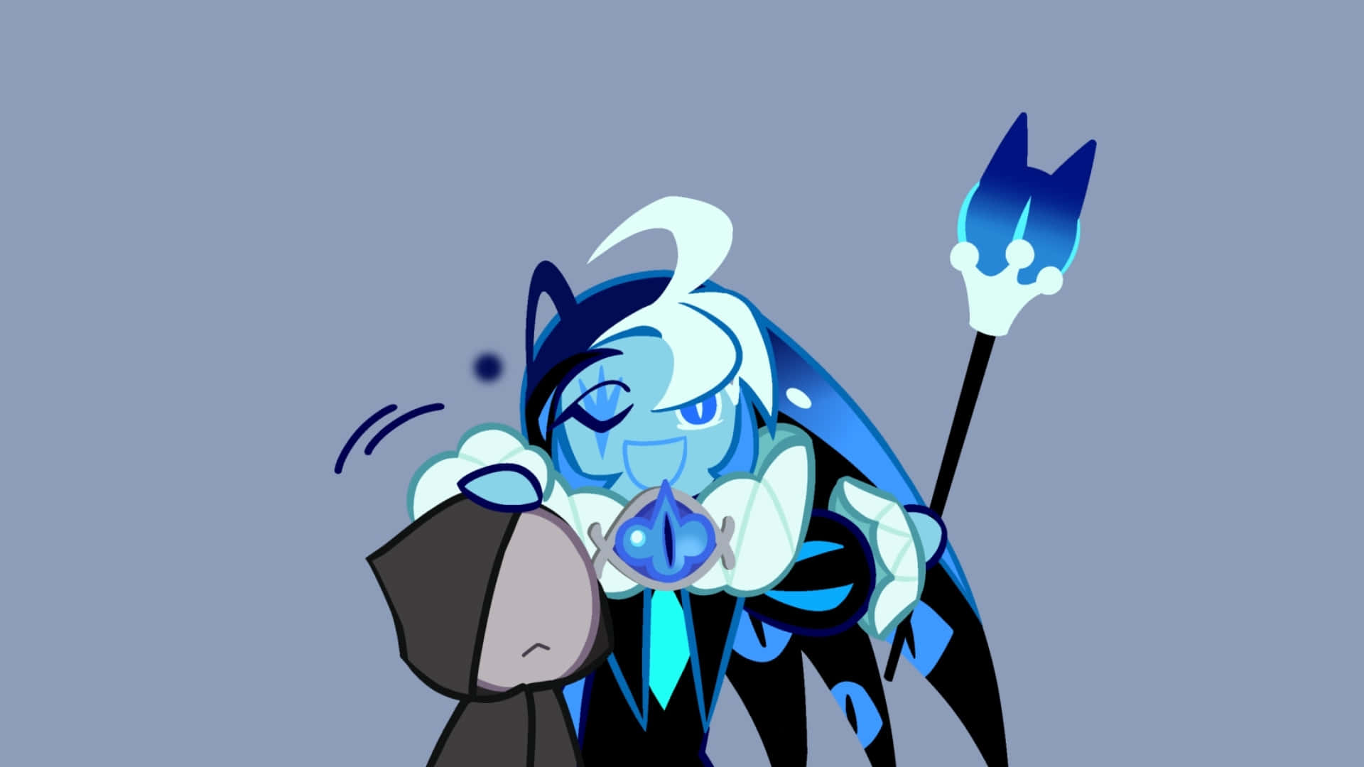 Shadow Milk Cookie, blue and white cartoon character, staff, Full HD Desktop Wallpaper