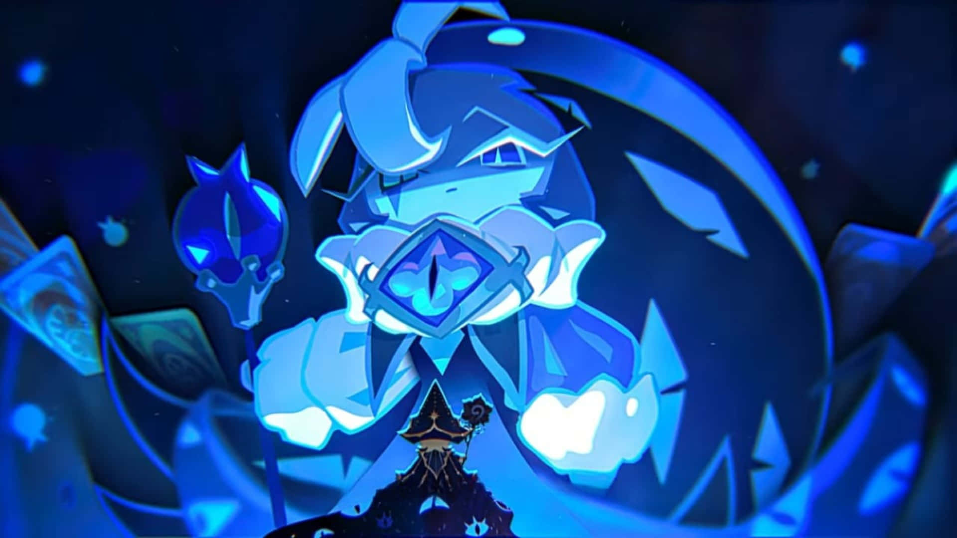 Shadow Milk Cookie, glowing blue crystalline rabbit, sharp geometric features, Full HD Desktop Wallpaper