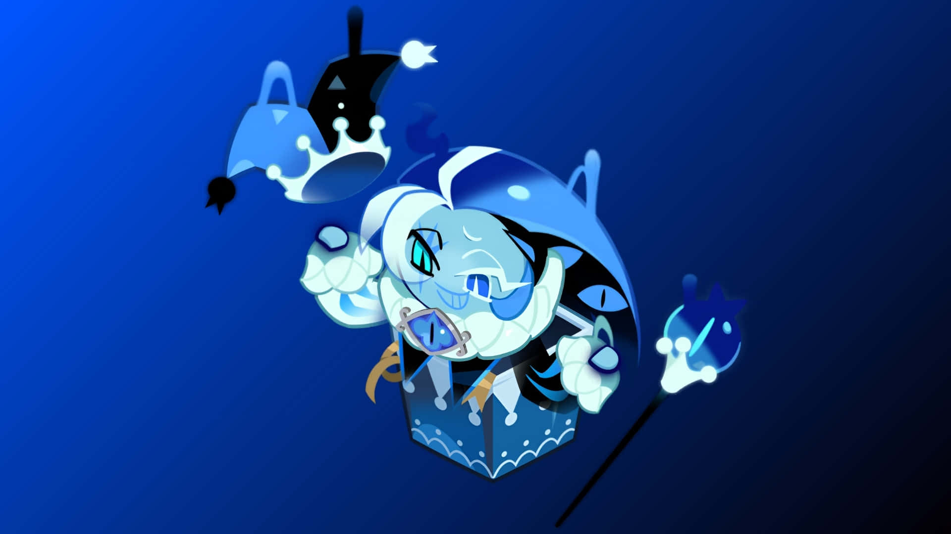 Shadow Milk Cookie, blue cartoon character, glowing eyes, Full HD Desktop Wallpaper