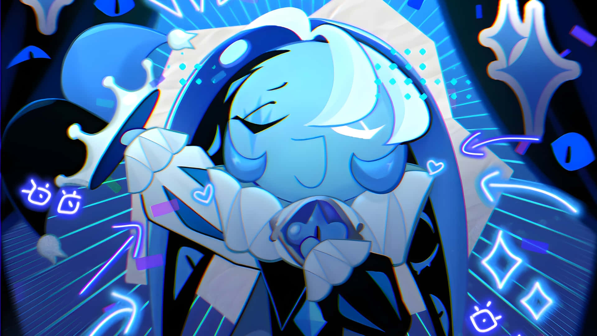 Shadow Milk Cookie, blue cartoon character, white hair, Full HD Desktop Wallpaper
