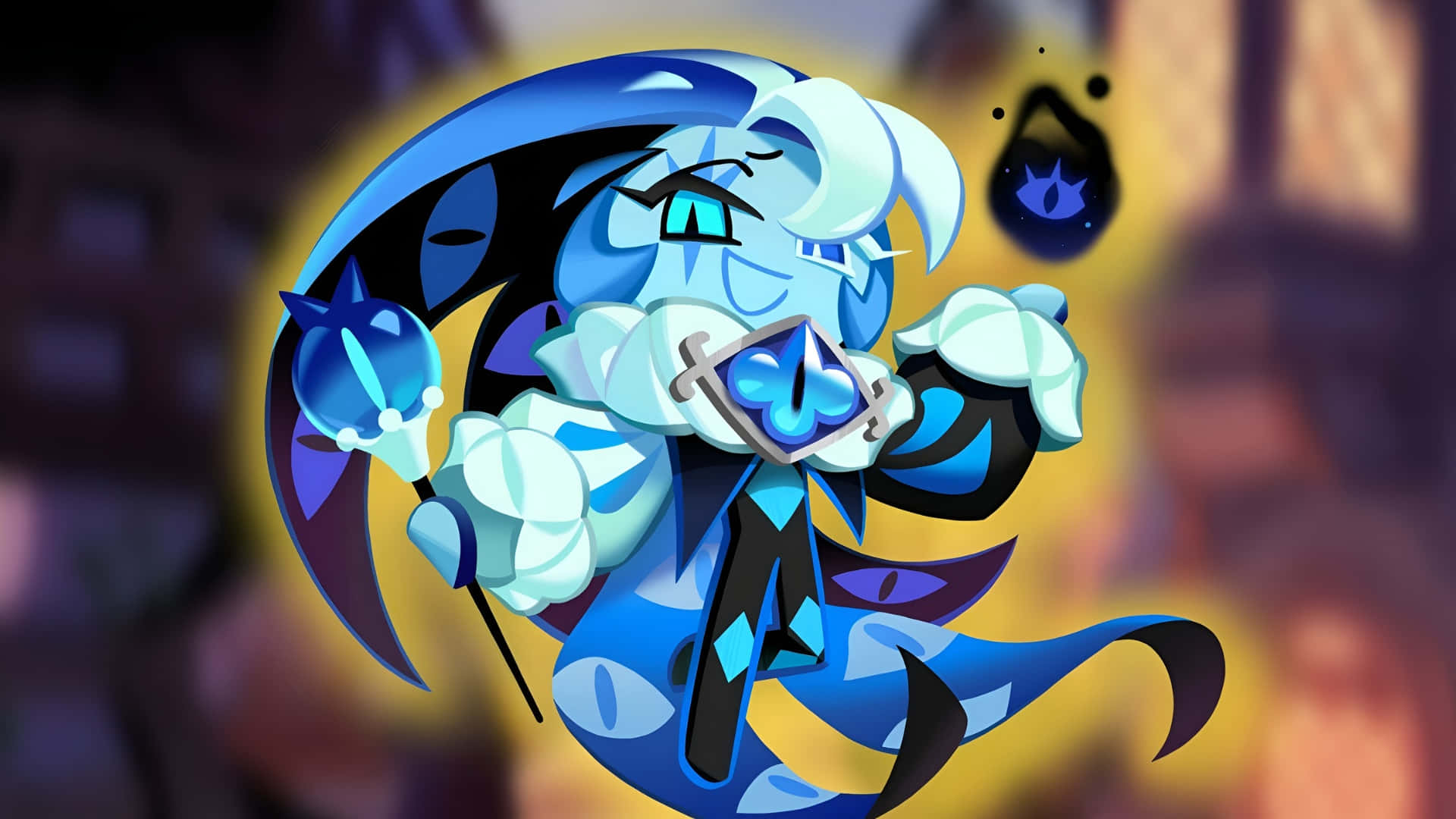 Shadow Milk Cookie, blue and white ice-themed character, glowing eyes, Full HD Desktop Wallpaper