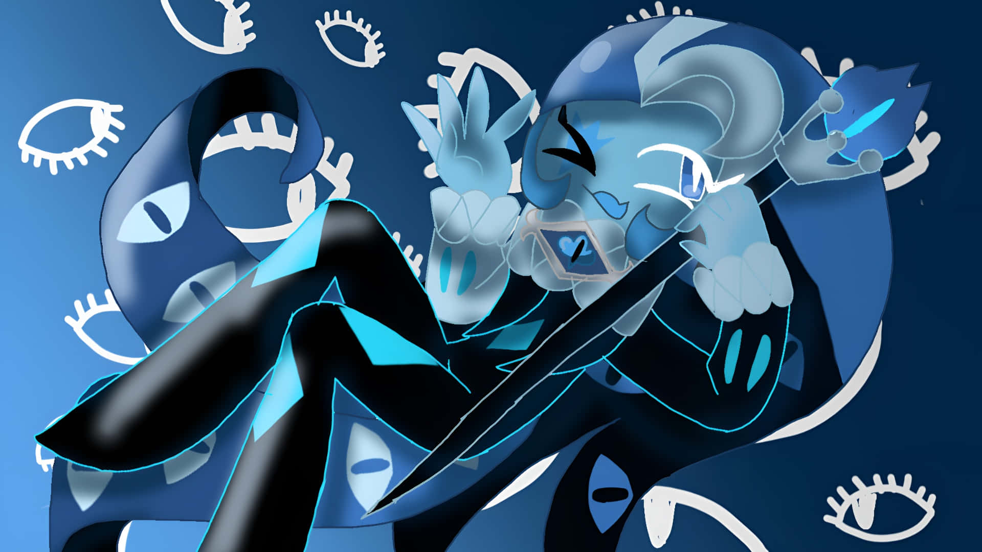 Shadow Milk Cookie, blue and black character, glowing cyan accents, Full HD Desktop Wallpaper