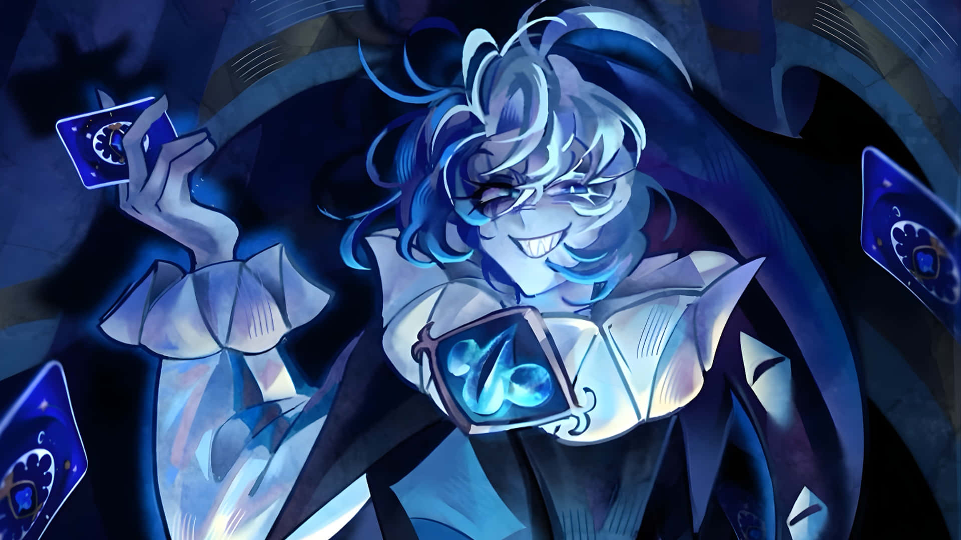 Shadow Milk Cookie, blue hair, glowing cards, Full HD Desktop Wallpaper