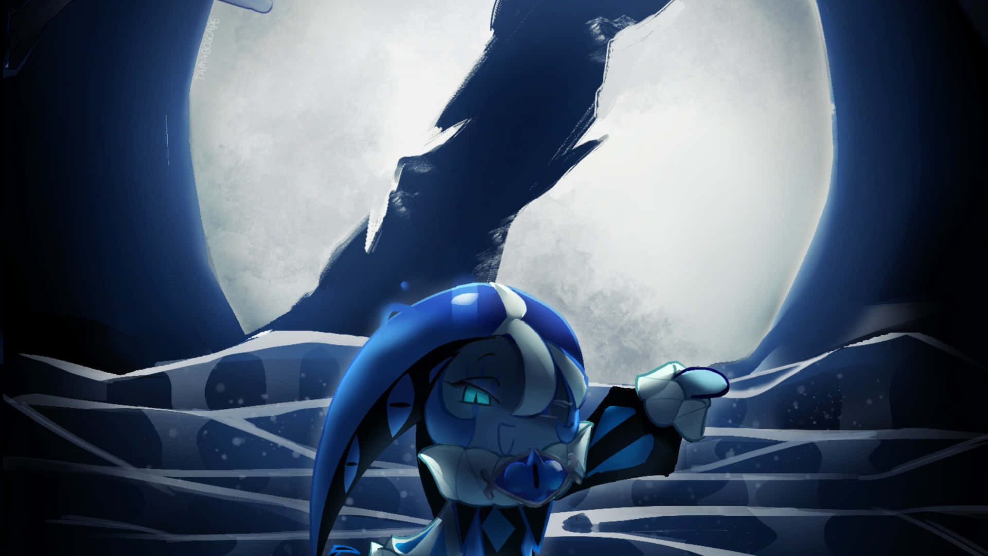 Shadow Milk Cookie, blue armored character, glowing eyes, Full HD Desktop Wallpaper