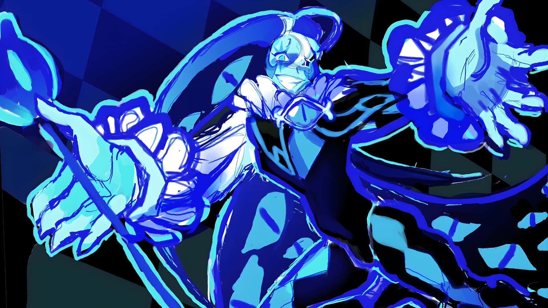 Shadow Milk Cookie, glowing blue armor, checkered dark background, Full HD Desktop Wallpaper