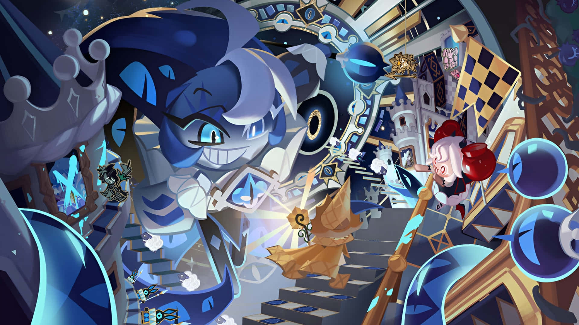 Shadow Milk Cookie, blue and white stylized cat-like character, crown, Full HD Desktop Wallpaper