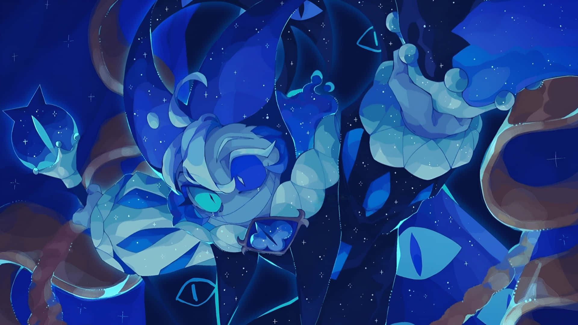 Shadow Milk Cookie, blue crystalline creature, glowing eyes, Full HD Desktop Wallpaper