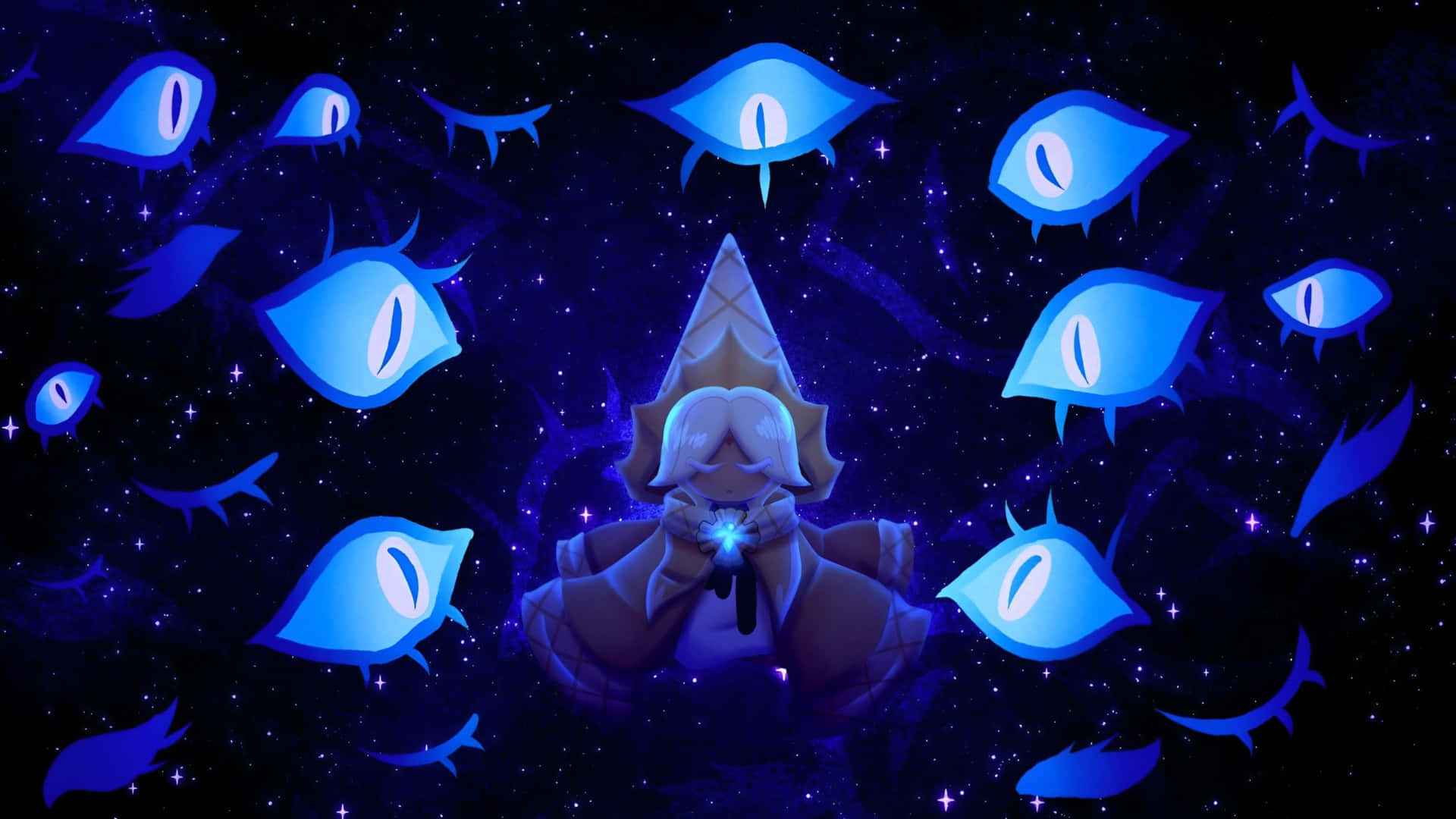 Shadow Milk Cookie, glowing blue-eyed figure, starry void, Full HD Desktop Wallpaper