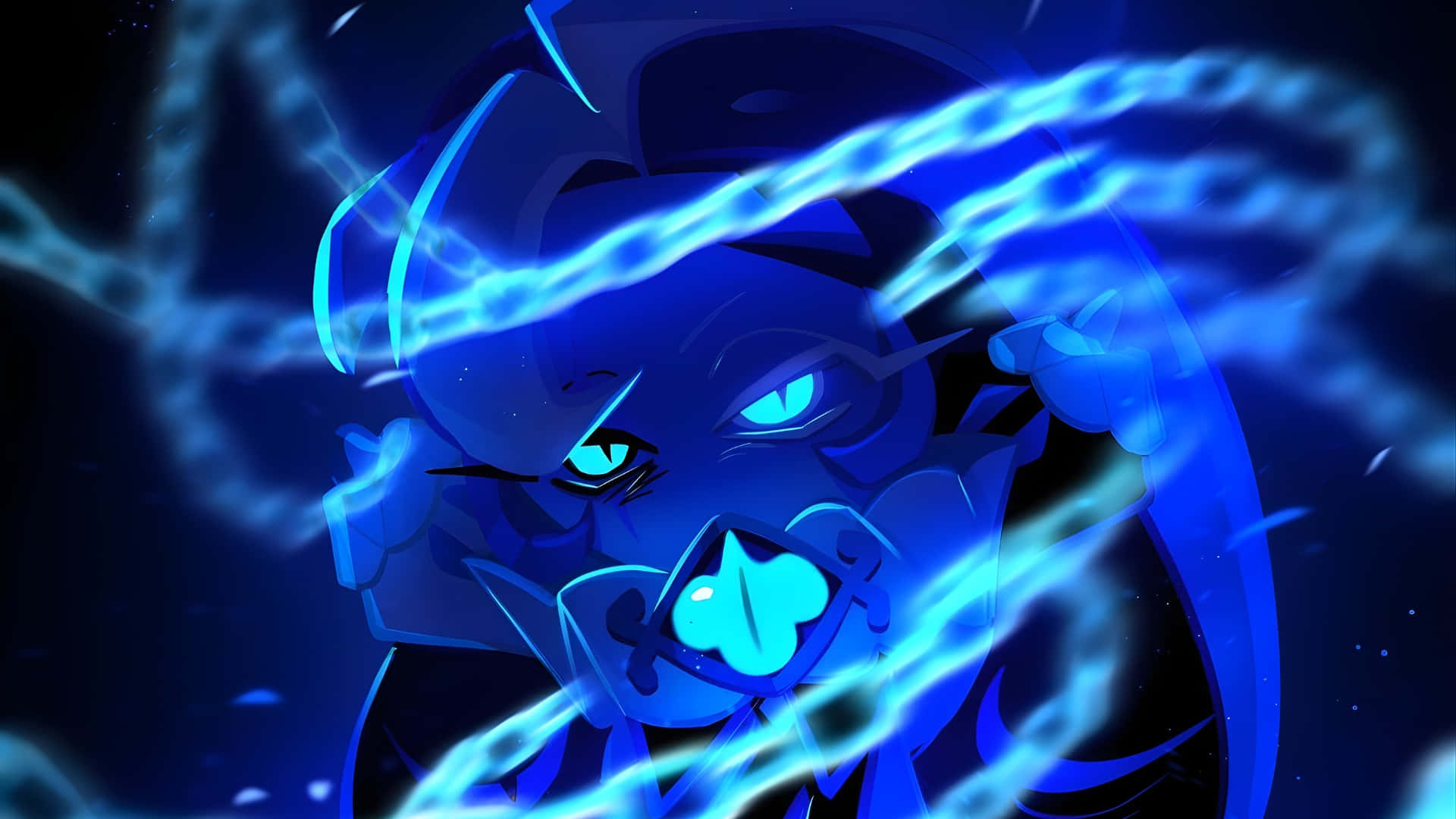 Shadow Milk Cookie, blue cartoon character, glowing eyes, Full HD Desktop Wallpaper