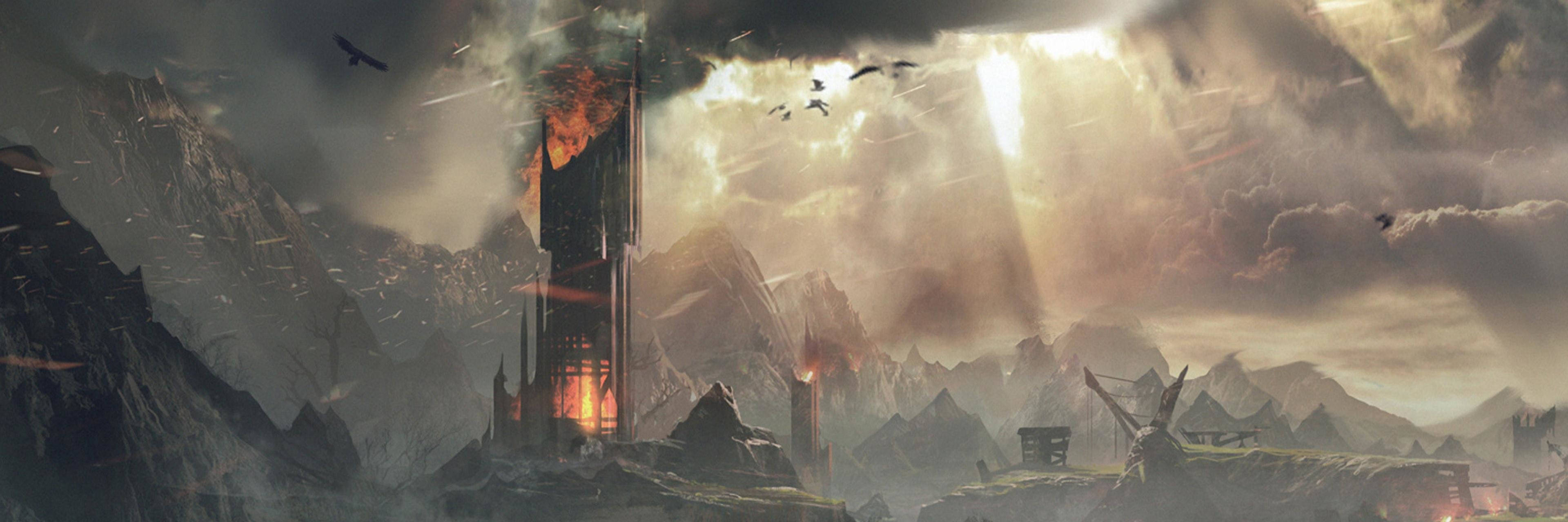 Shadow Of Mordor, burning ruin, mountainous wasteland, 4K Desktop Wallpaper