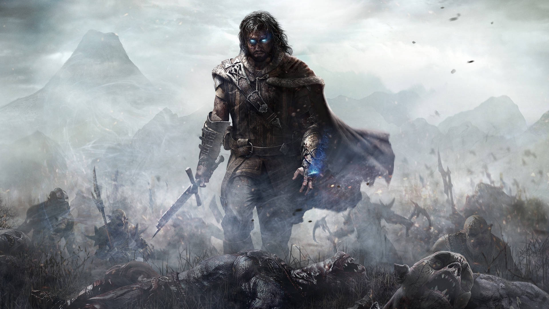 Shadow Of Mordor, glowing blue eyes, sword, Full HD Desktop Wallpaper
