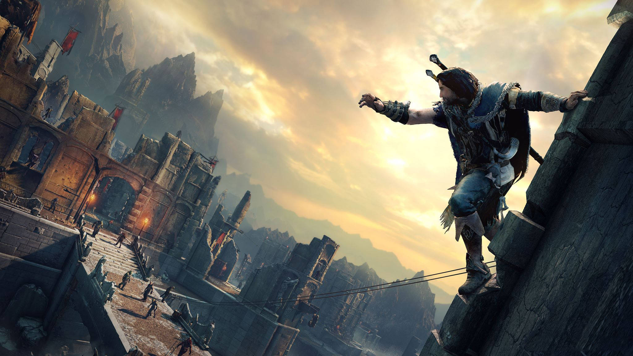 Shadow Of Mordor, warrior, crumbling stone tower, Full HD Desktop Wallpaper