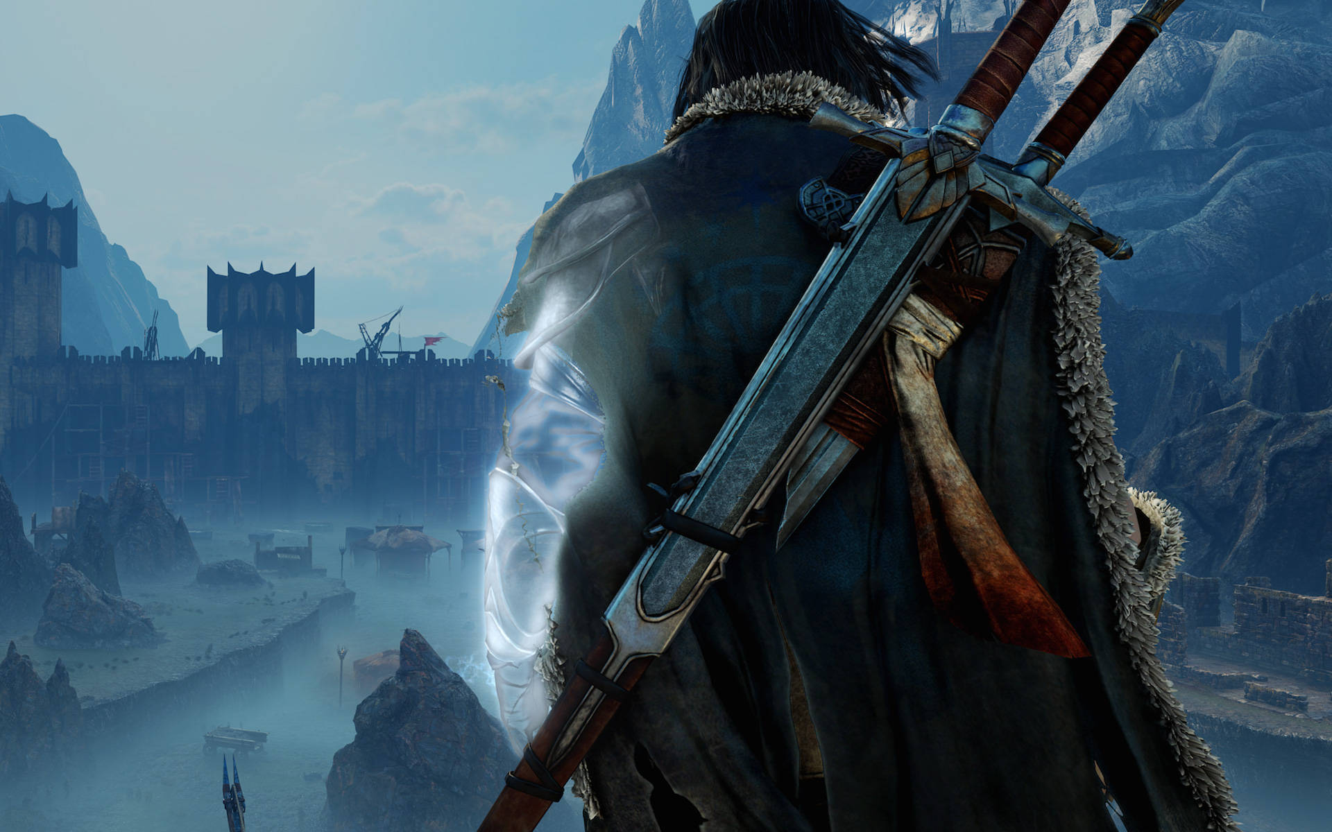 Shadow Of Mordor, swordsman, misty fortress, Full HD Desktop Wallpaper