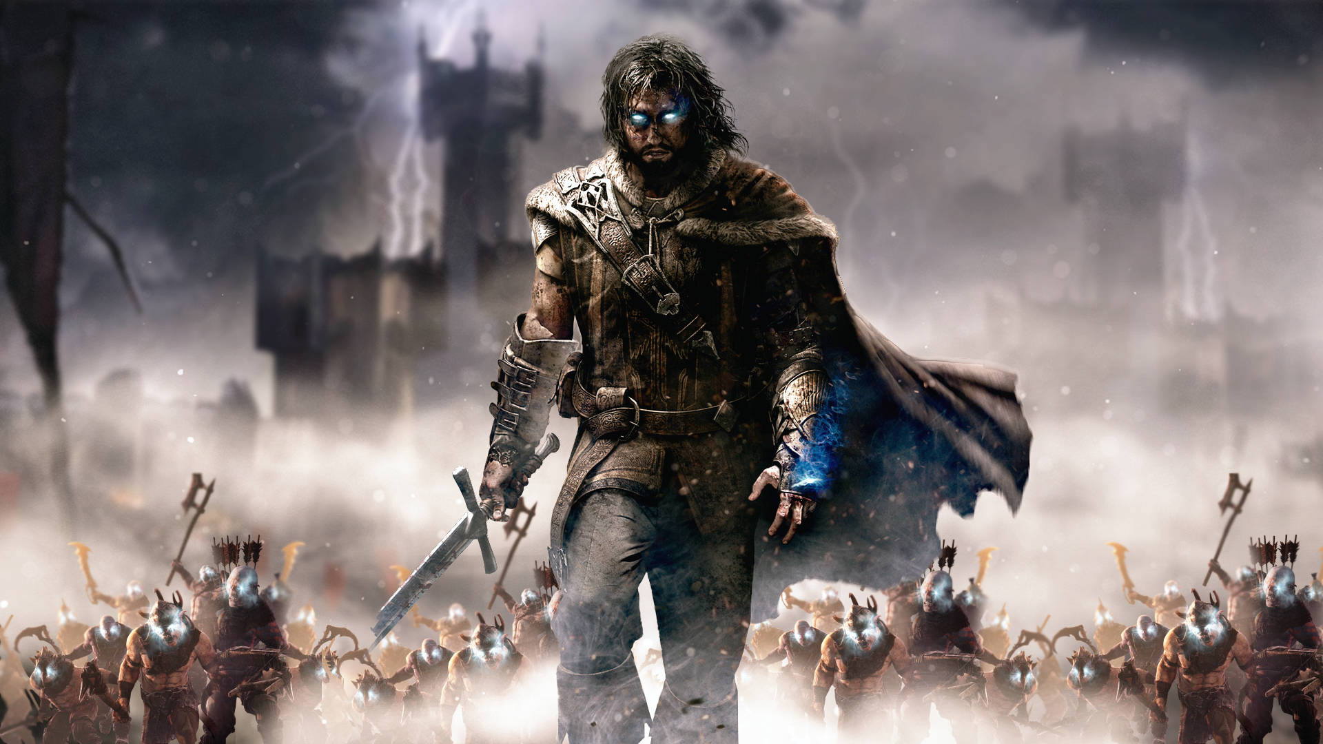 Shadow Of Mordor, swordsman, glowing blue eyes, Full HD Desktop Wallpaper