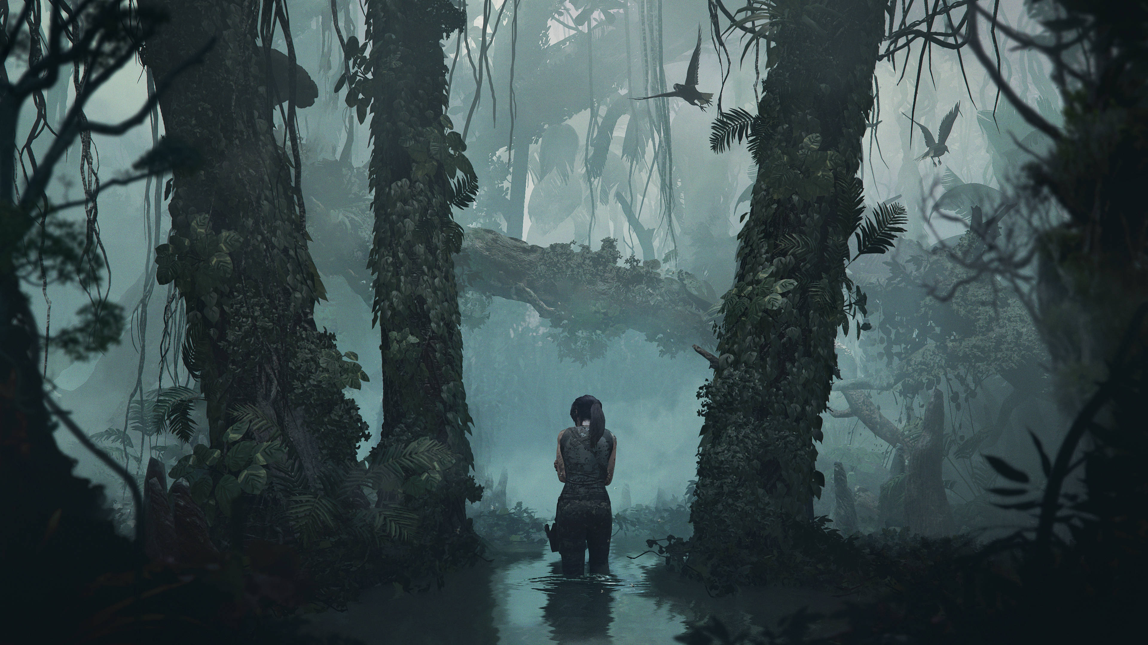 Shadows Of The Tomb Raider, walking in water, misty jungle clearing, 4K Desktop Wallpaper