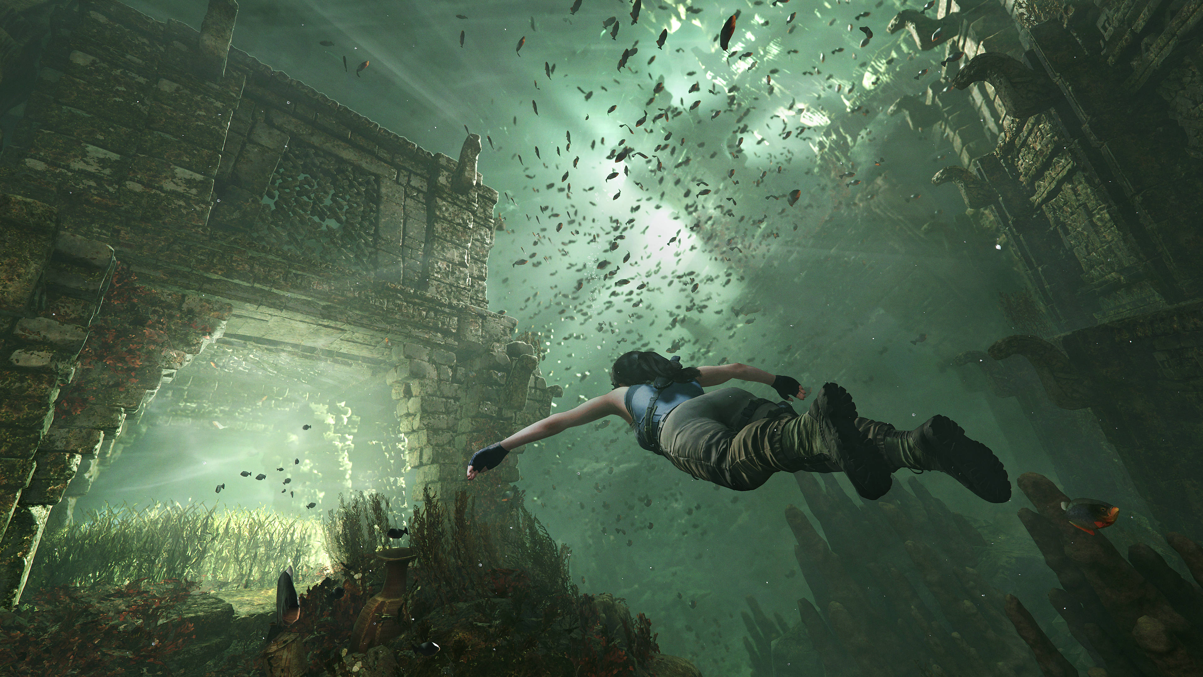 Shadow Of The Tomb Raider, underwater entrance, sunlit underwater ruins, 4K Desktop Wallpaper