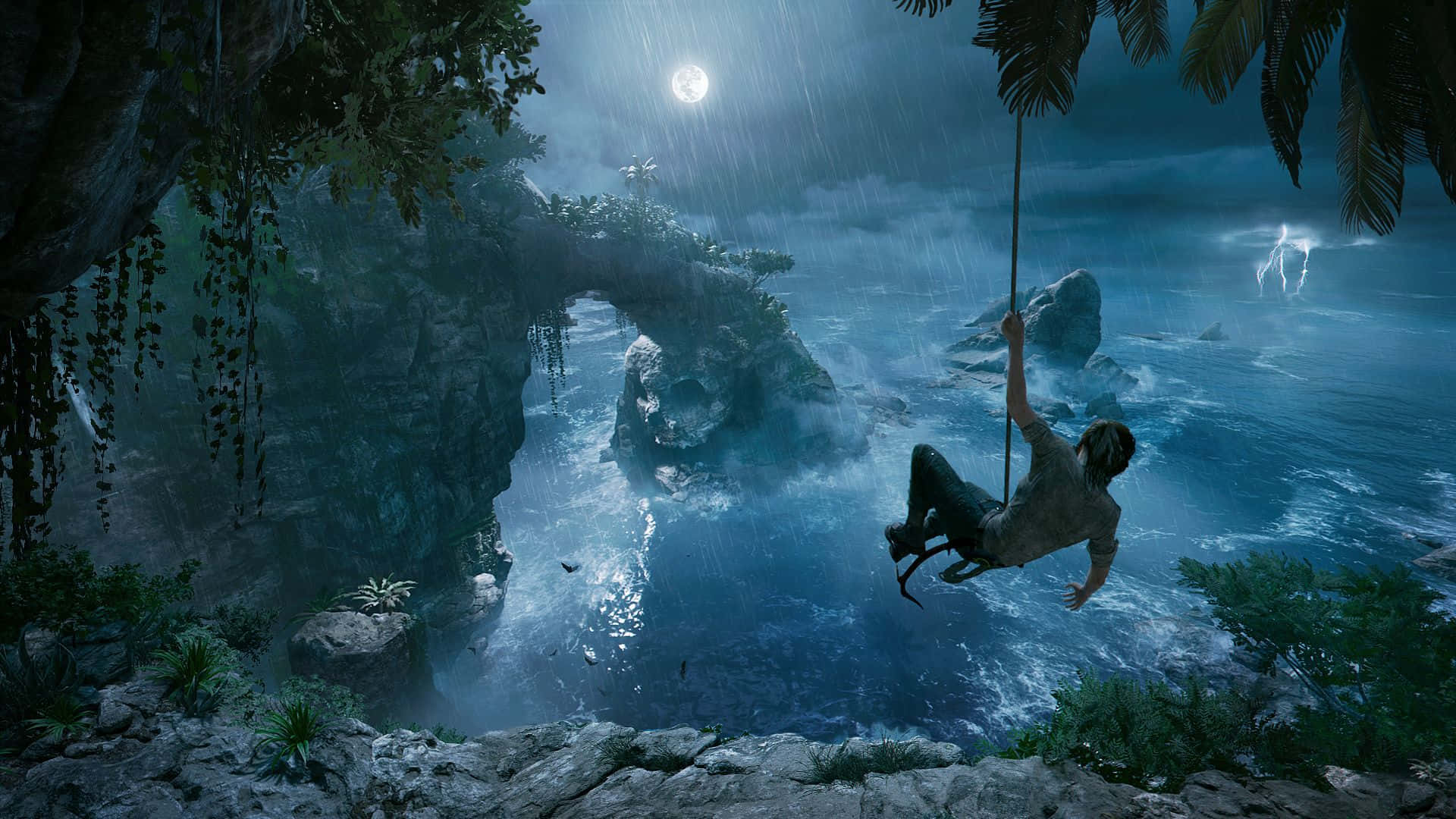 Shadow Of The Tomb Raider HD, moonlit ocean, stormy sky, Full HD Desktop Wallpaper