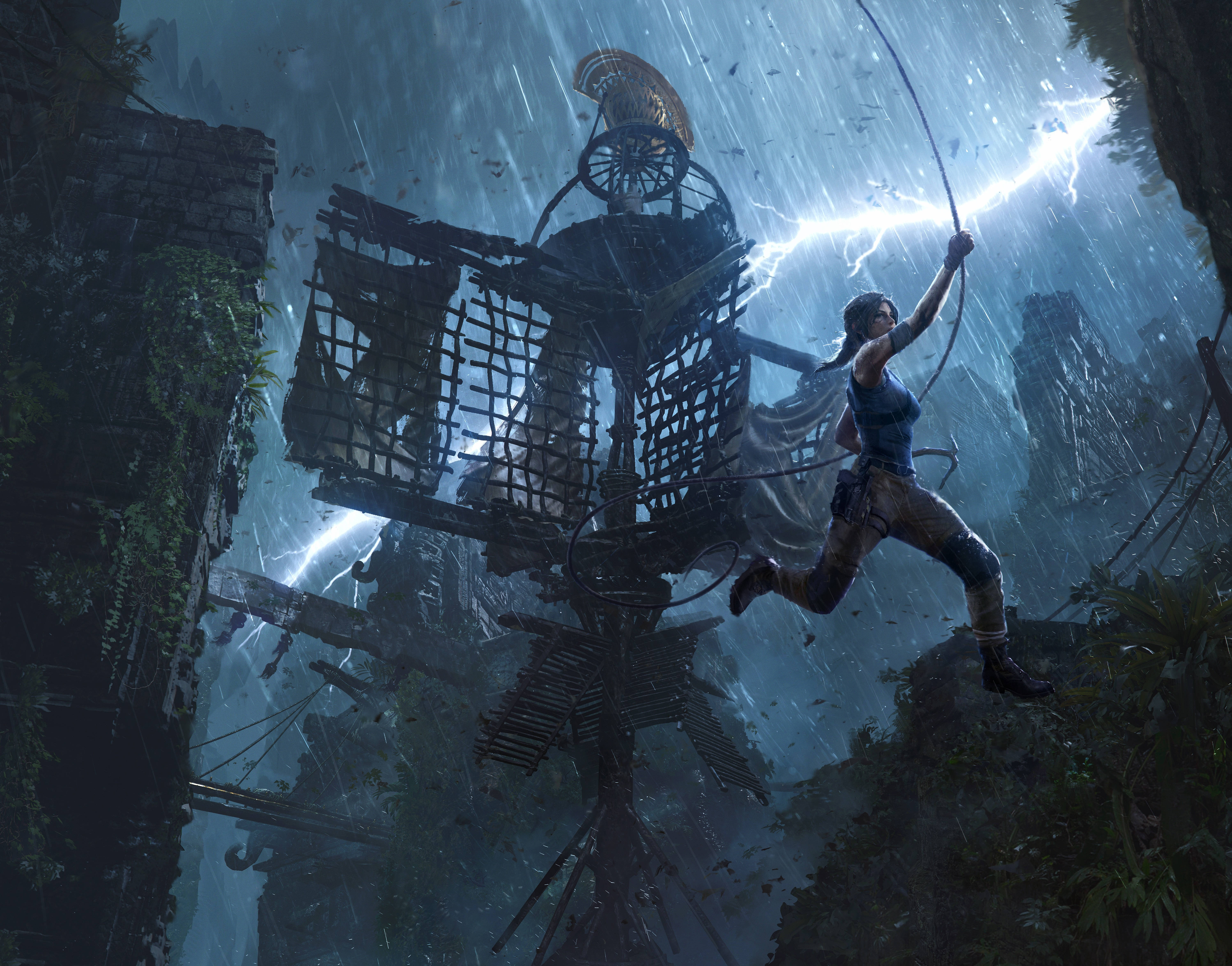 Shadow Of The Tomb Raider, stormy jungle ruin, lightning strikes, 5K Desktop Wallpaper