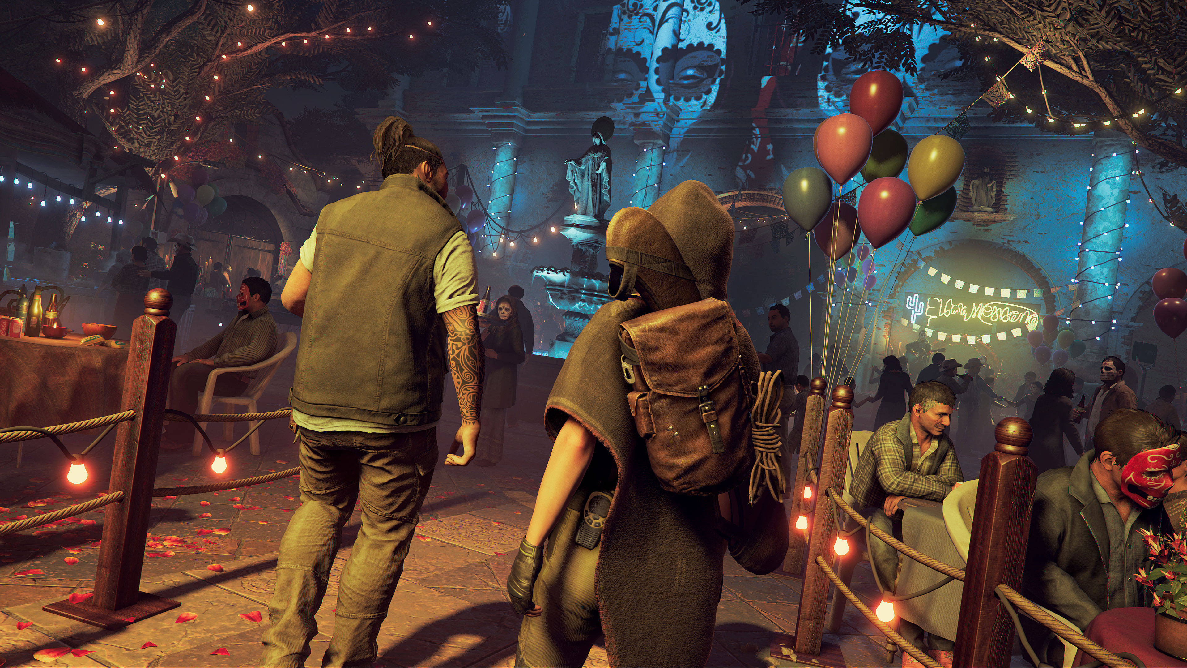 Shadow of the Tomb Raider, nighttime carnival, string lights, 4K Desktop Wallpaper