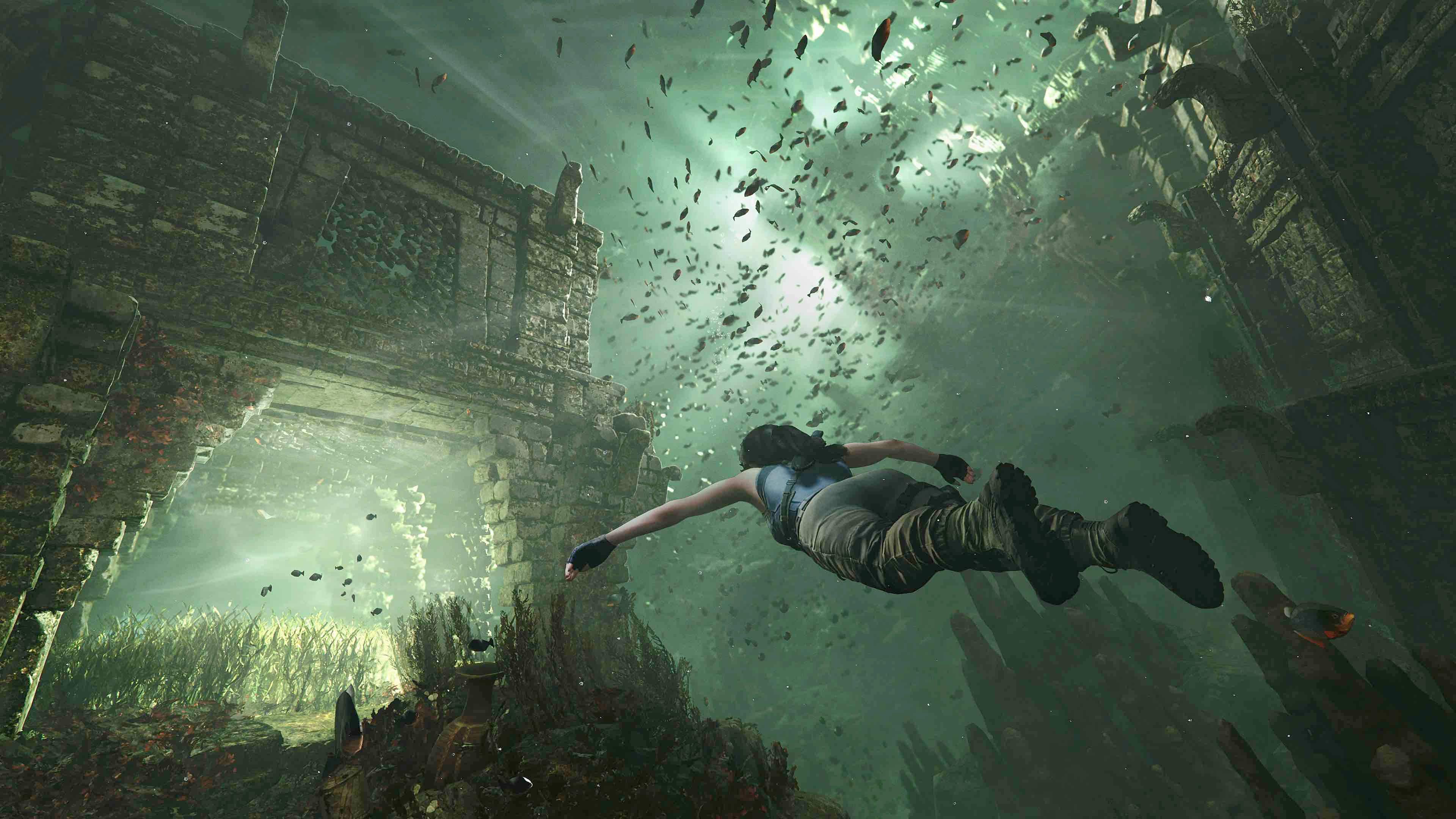Shadow Of The Tomb Raider, underwater ruins, sunlight, 4K Desktop Wallpaper