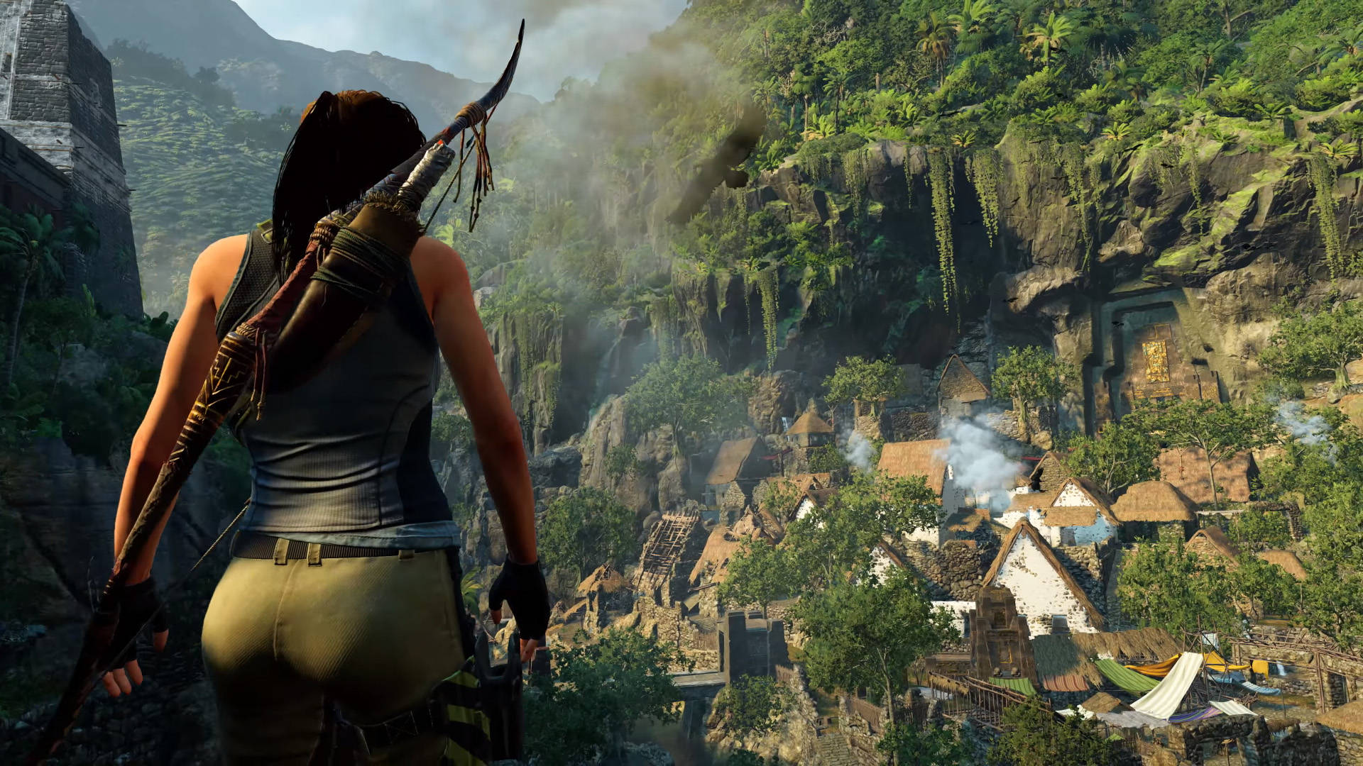 Shadow Of The Tomb Raider, mountain cabins, misty jungle village, Full HD Desktop Wallpaper