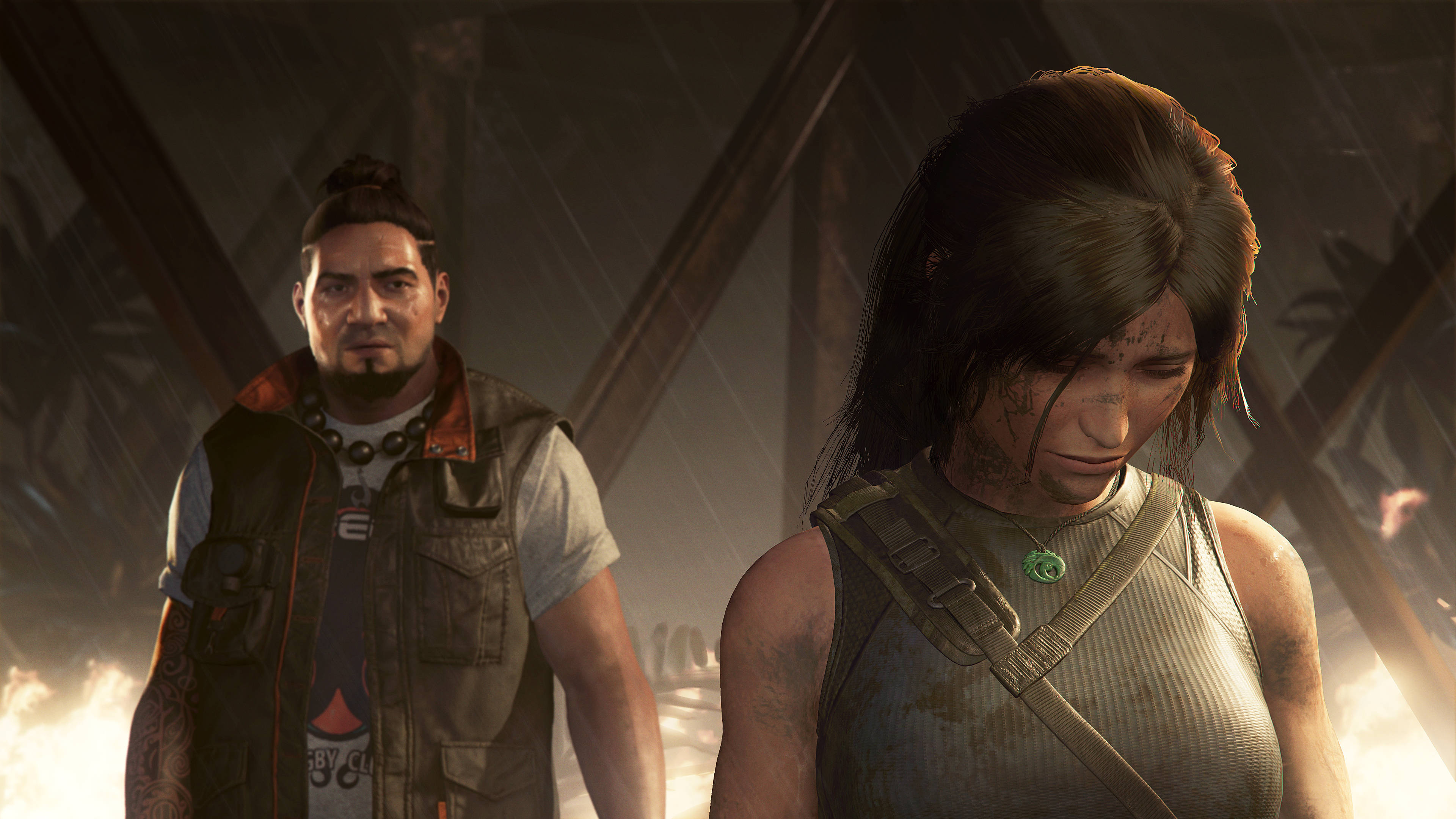 Shadow Of The Tomb Raider, rain-soaked adventurers, fiery ruin, 4K Desktop Wallpaper
