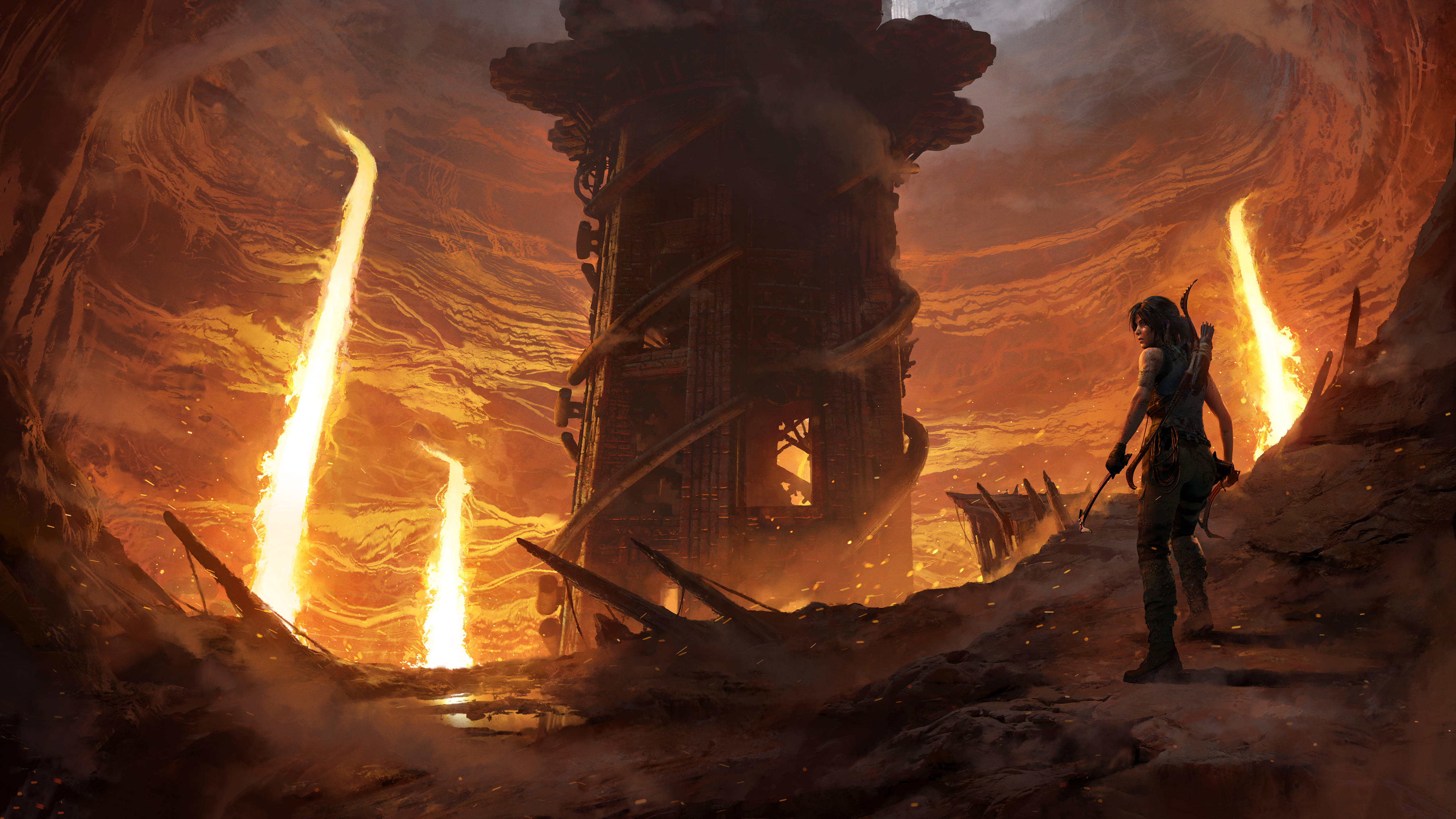Shadow Of The Tomb Raider, fiery skies, crumbling tower, 5K Desktop Wallpaper