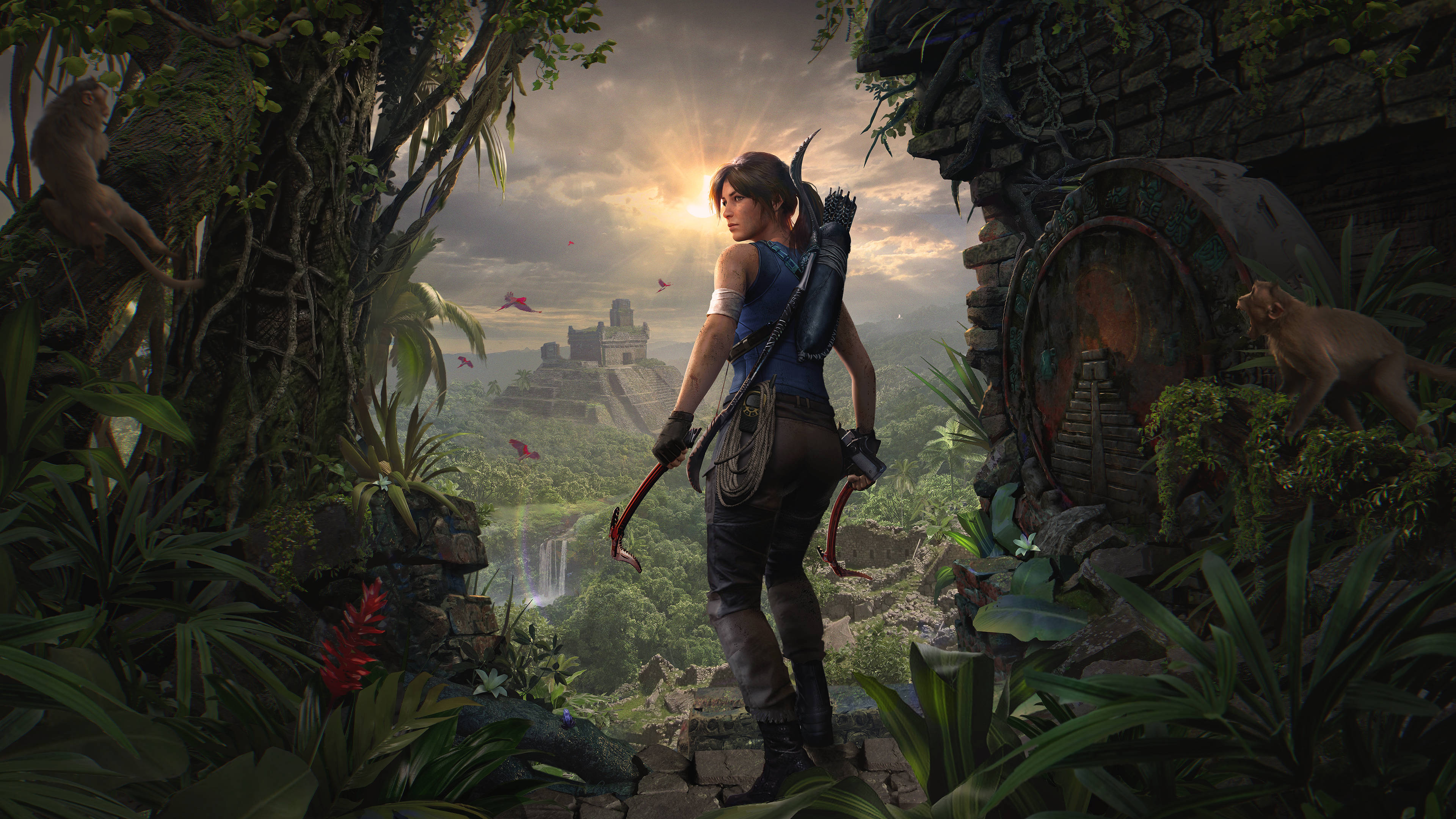 Shadow Of The Tomb Raider, jungle ruin overlook, sunset, 4K Desktop Wallpaper
