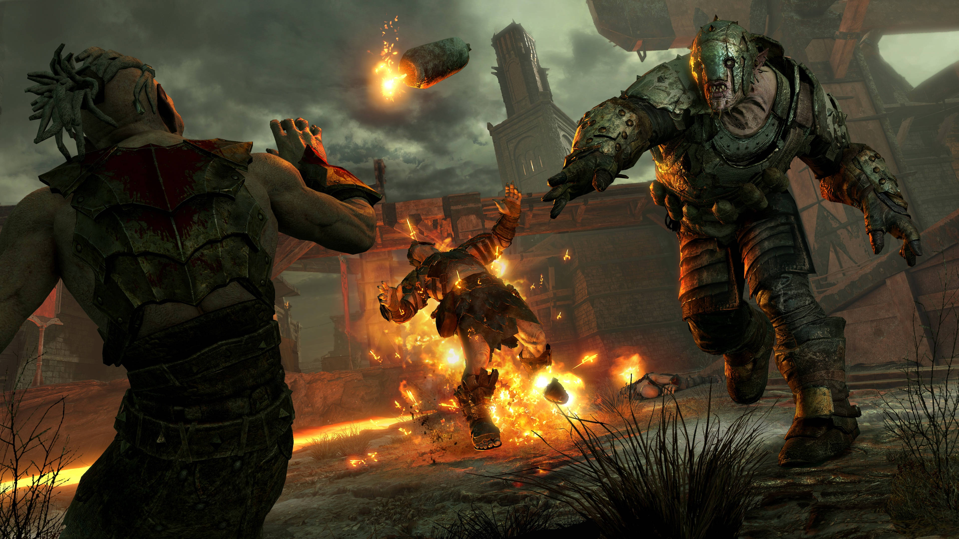 Shadow Of War 4K, armored warriors, fiery ruined battlefield, 4K Desktop Wallpaper