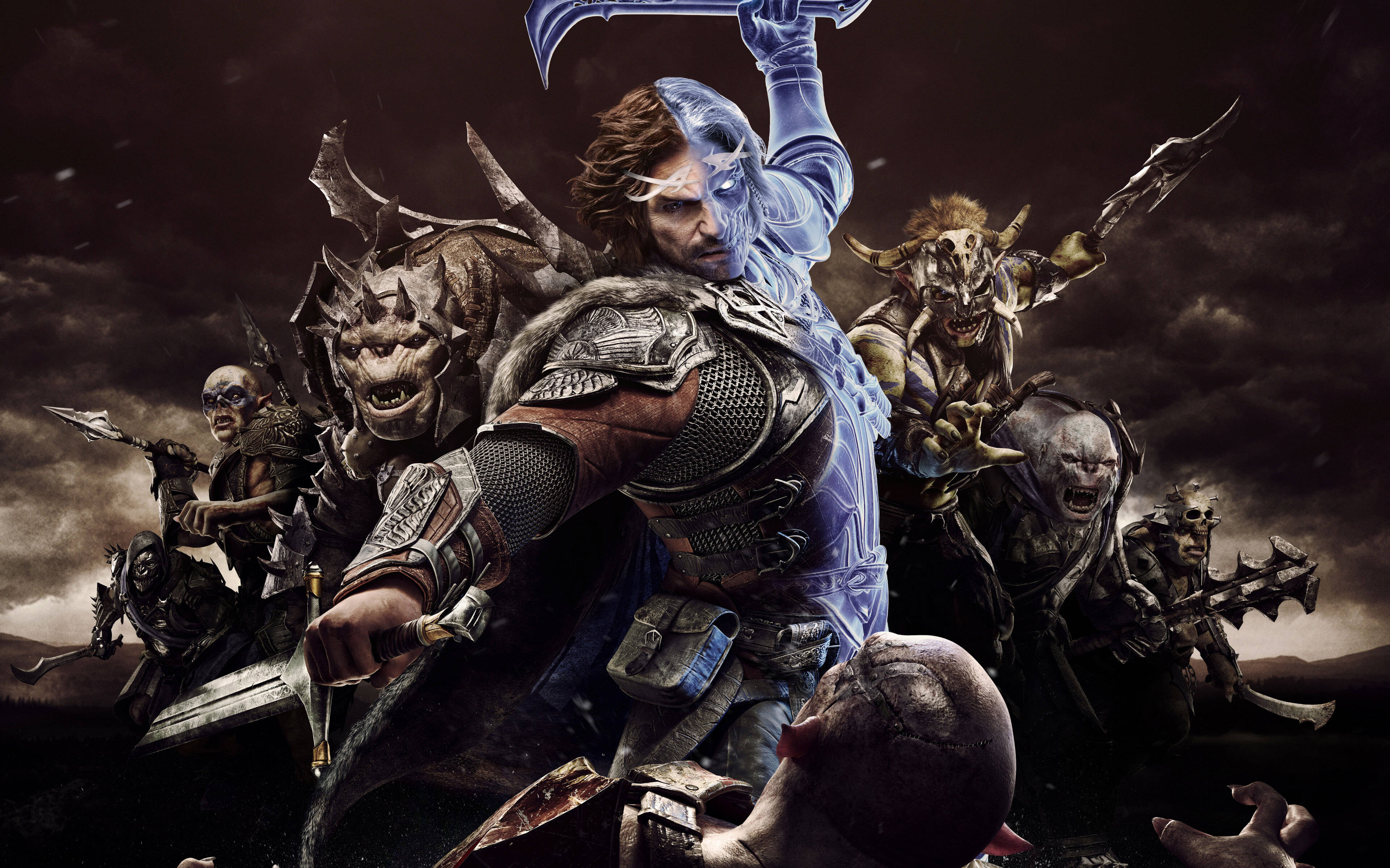 Shadow of War 4K, warrior, half his body glowing blue, 4K Desktop Wallpaper