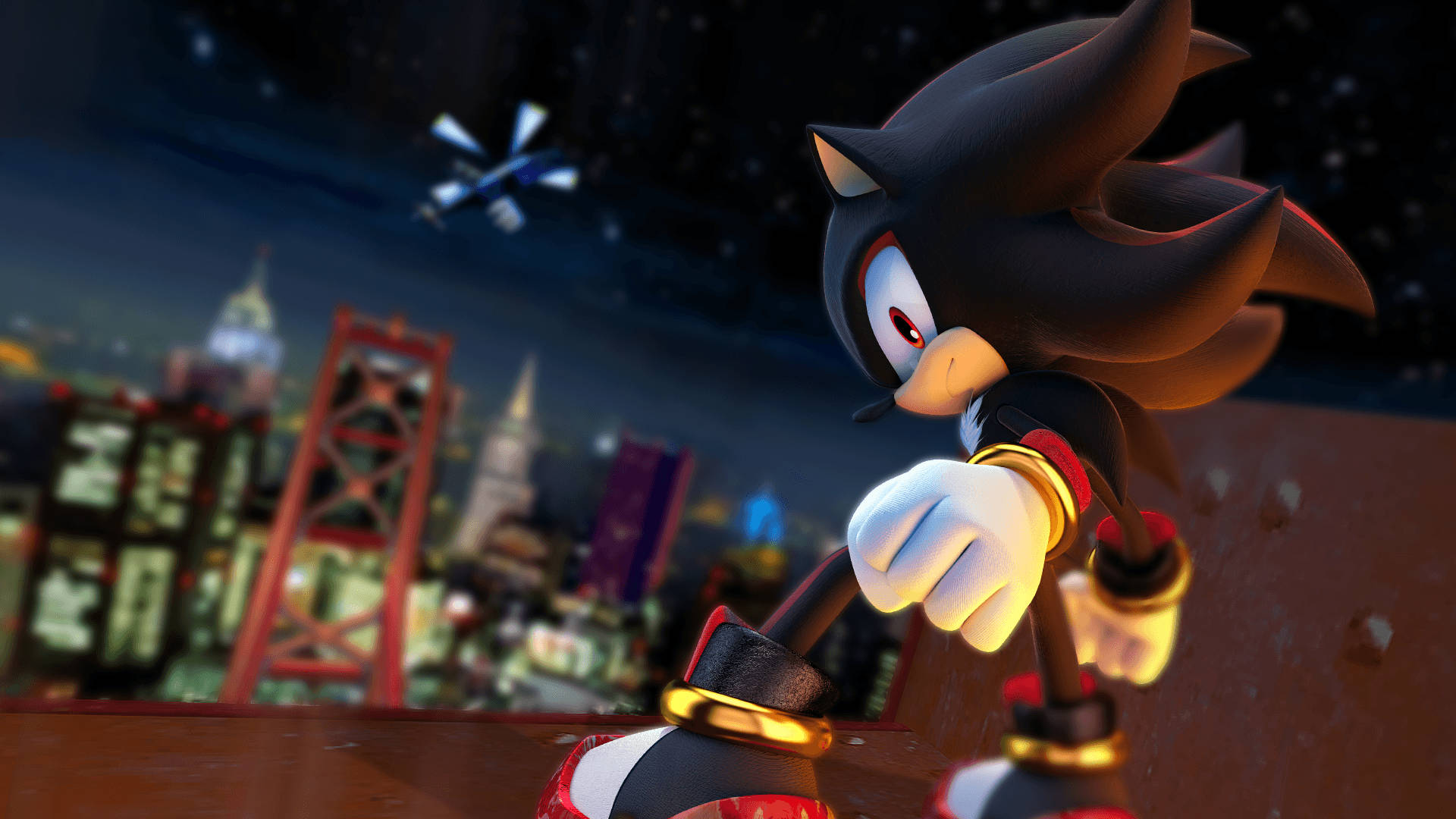 Shadow The Hedgehog, rooftop, glowing cityscape, Full HD Desktop Wallpaper