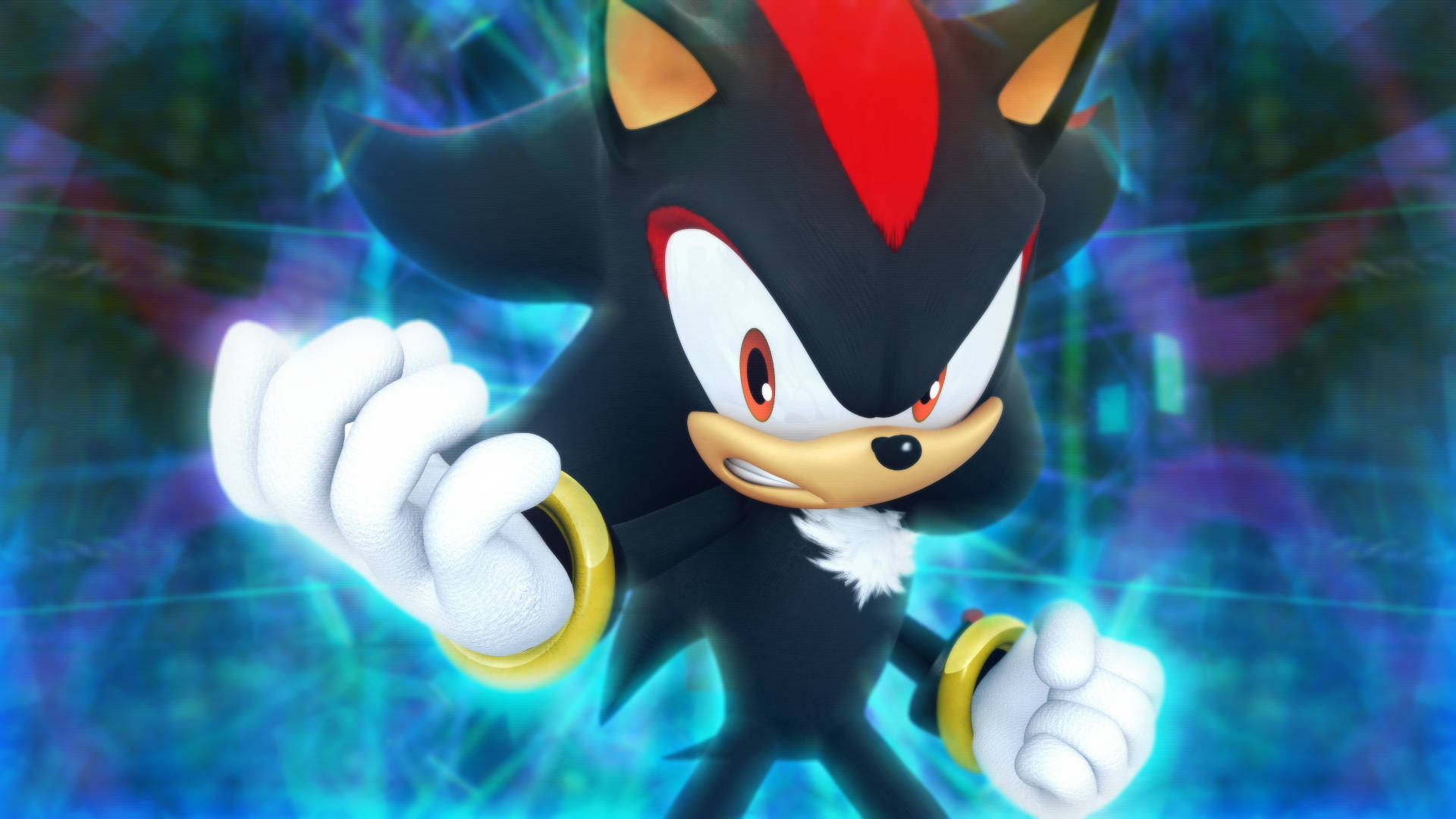 Shadow the Hedgehog, glowing blue and purple energy background, dynamic pose, Full HD Desktop Wallpaper