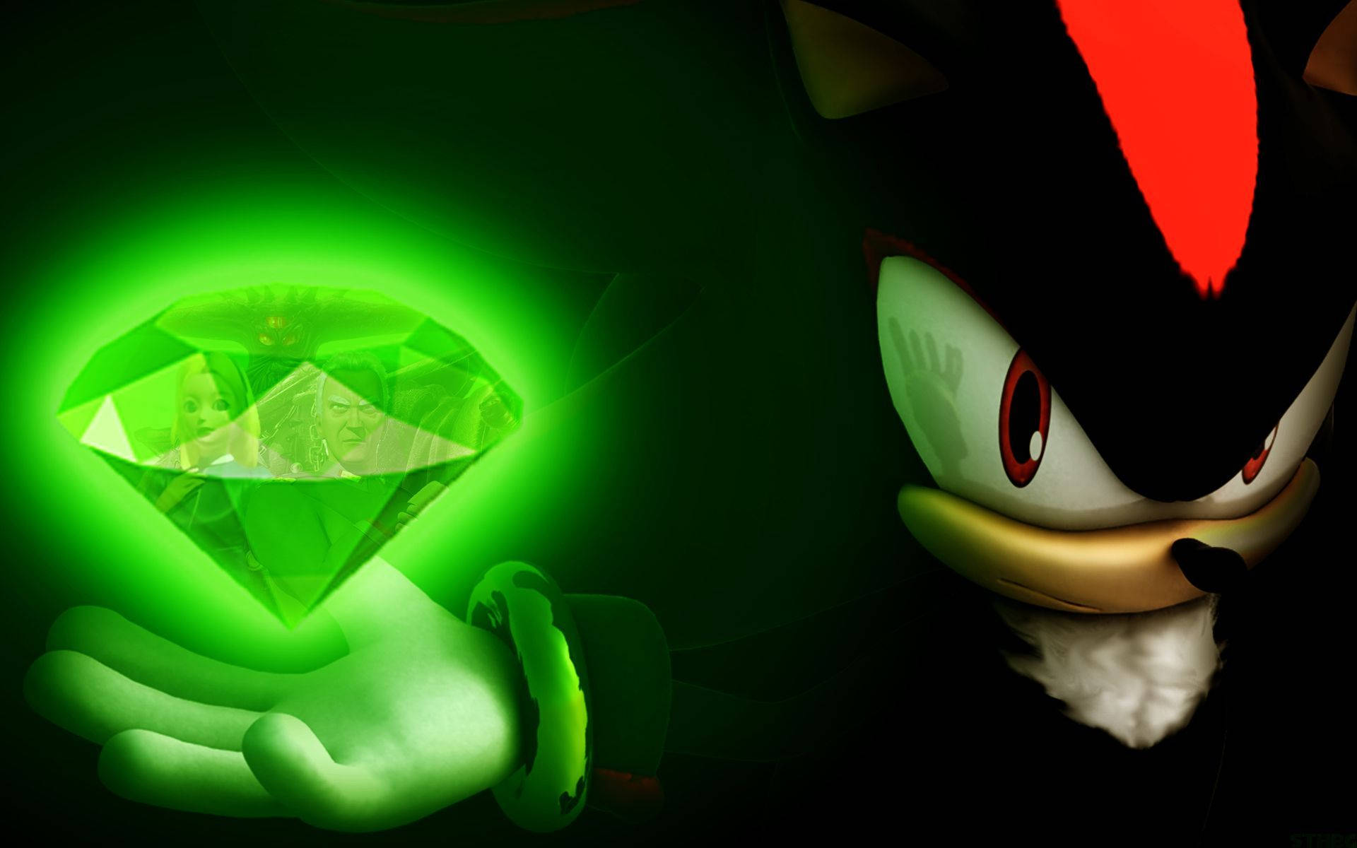 Shadow The Hedgehog, green chaos emerald, glowing green diamond, Full HD Desktop Wallpaper