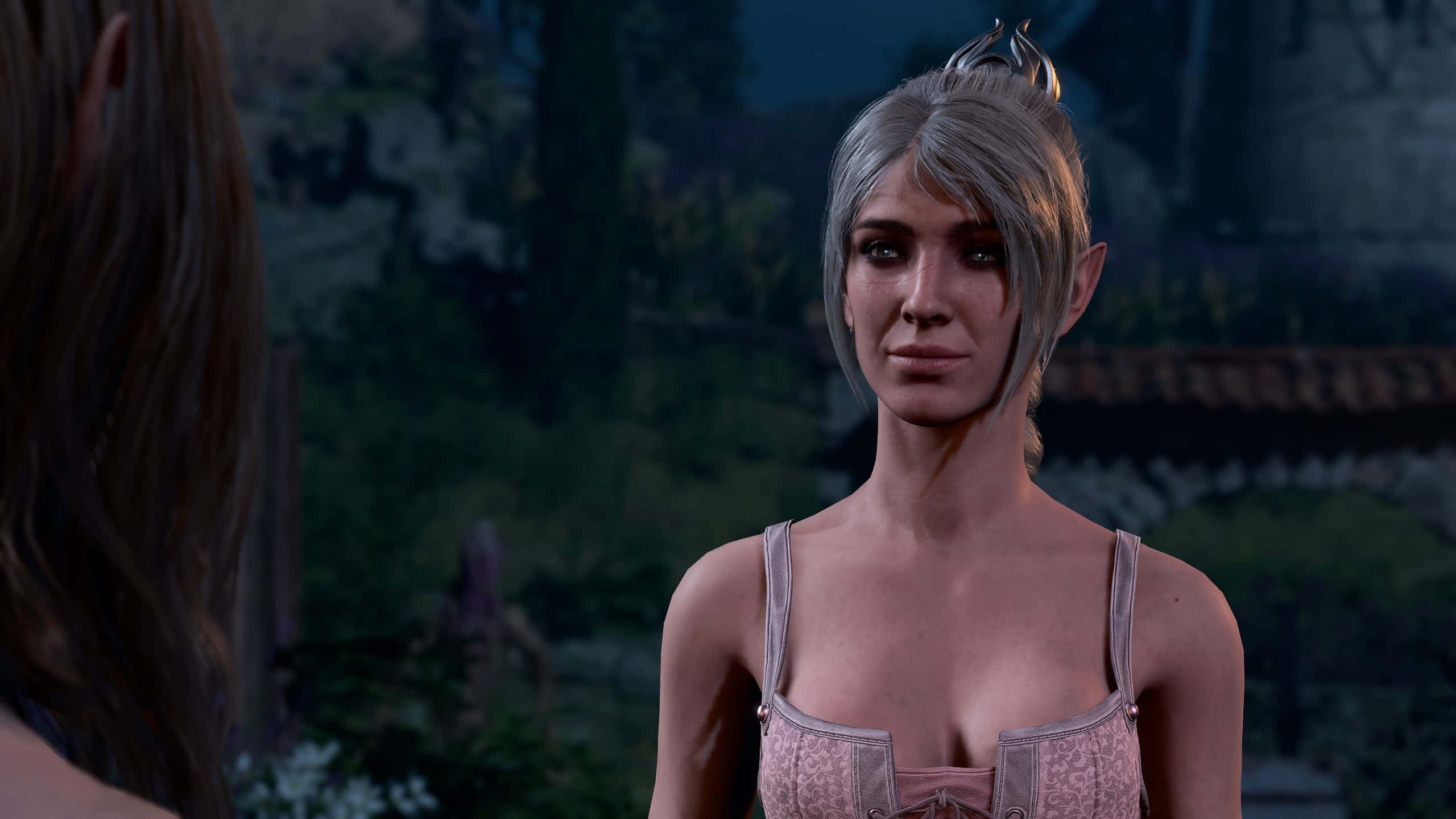 Shadowheart, silver-haired elf woman, pink patterned dress, 2K Desktop Wallpaper
