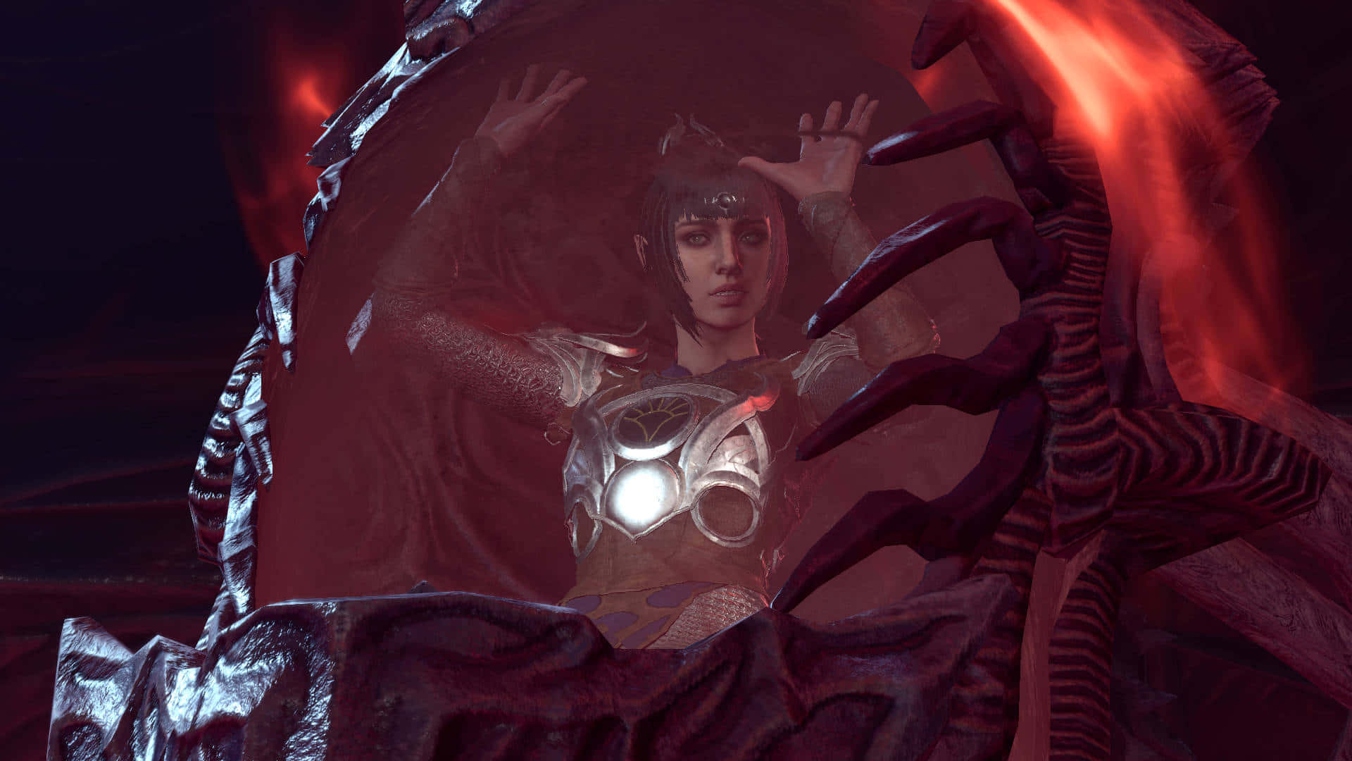 Shadowheart, glowing red tentacles, shattered metallic sphere, Full HD Desktop Wallpaper