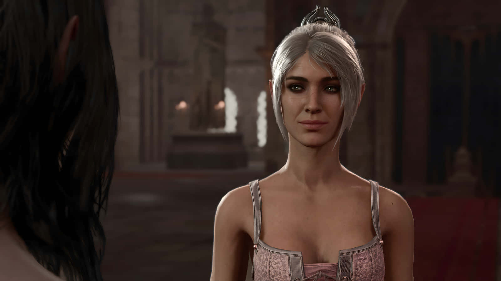 Shadowheart, silver-haired woman, pink corseted dress, HD Desktop Wallpaper