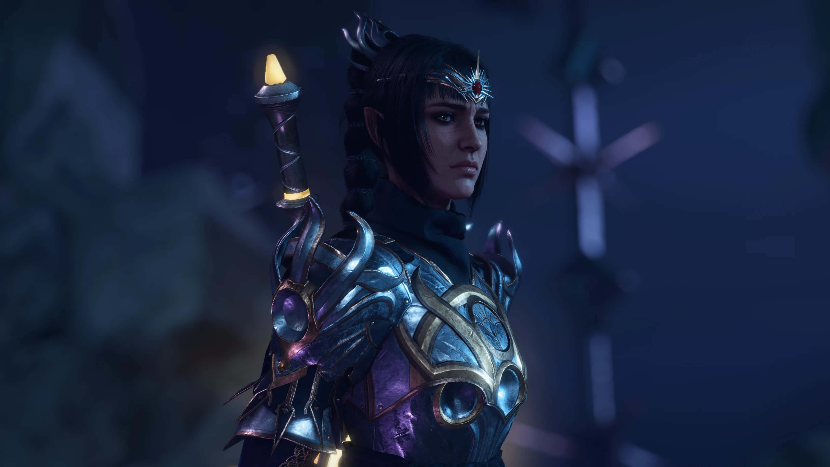 Shadowheart, fantasy armored warrior, candle staff, 2K Desktop Wallpaper