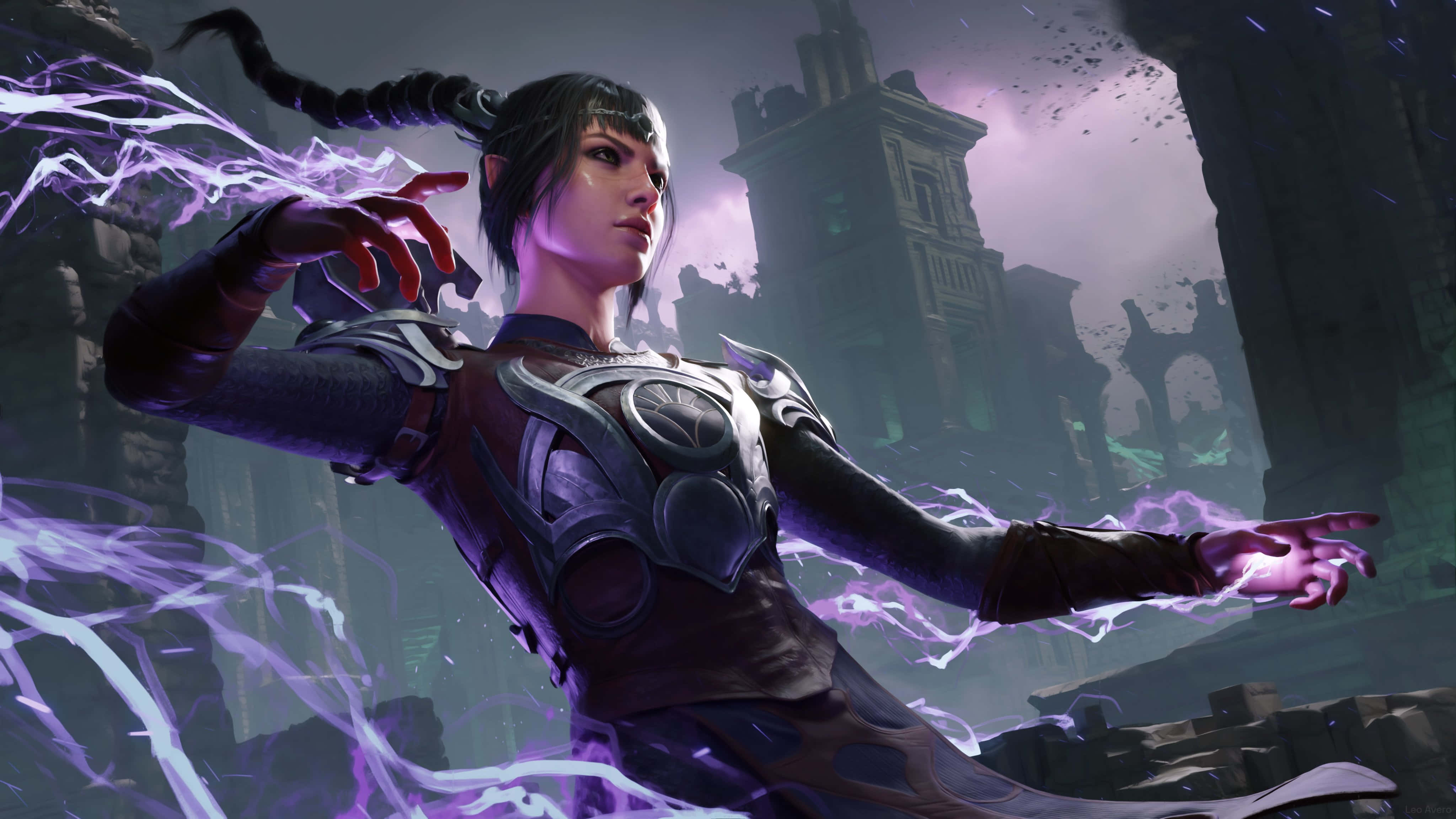 Shadowheart, crackling purple lightning, dark armor, 4K Desktop Wallpaper