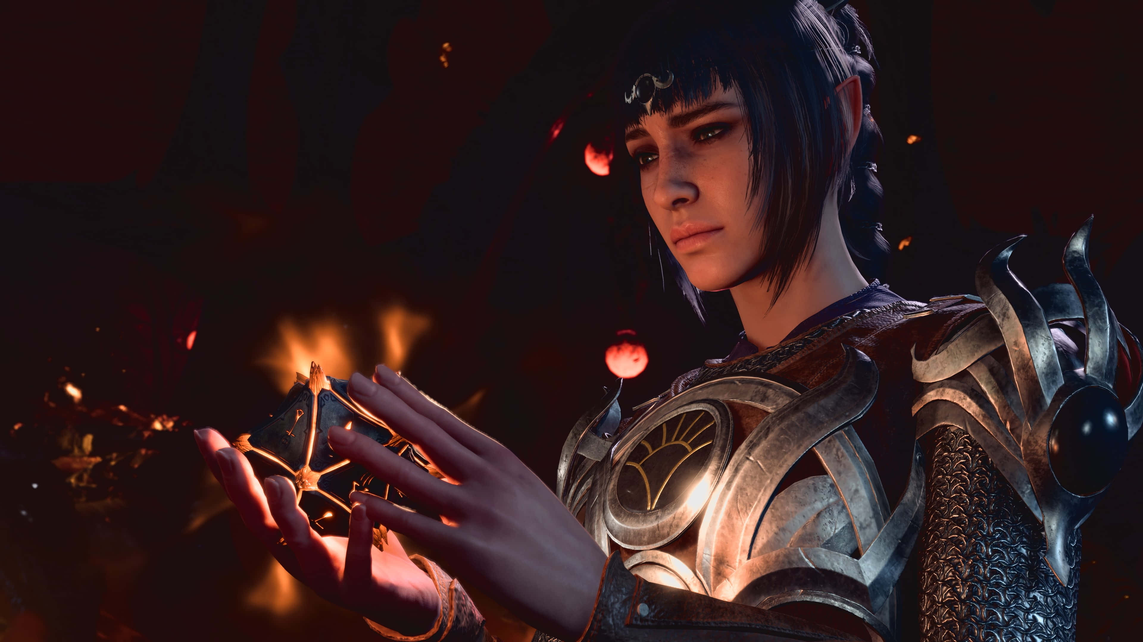 Shadowheart, dark-haired elf, ornate armor, 4K Desktop Wallpaper
