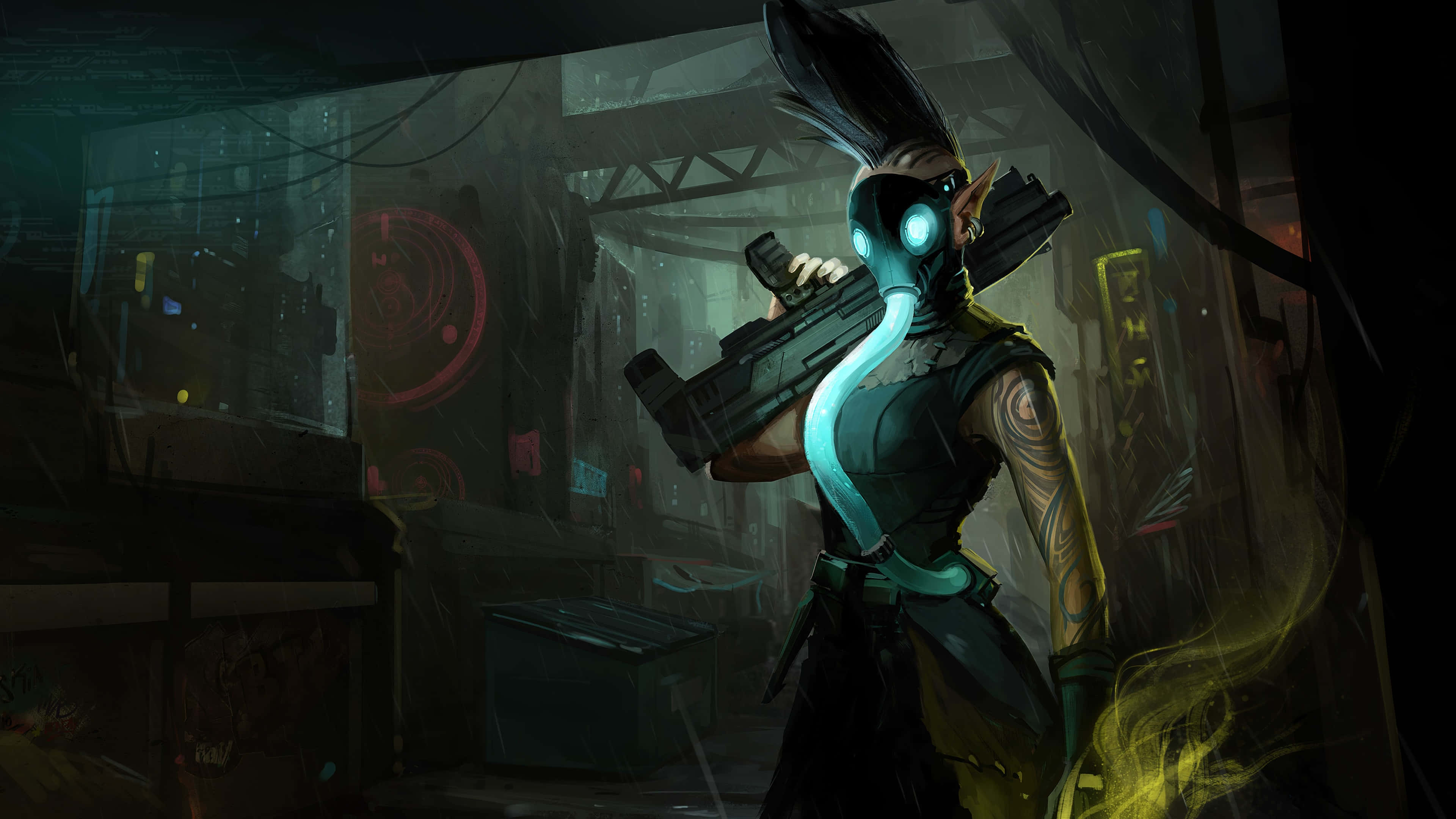 Shadowrun, cyberpunk warrior, glowing blue eyes, 4K Desktop Wallpaper